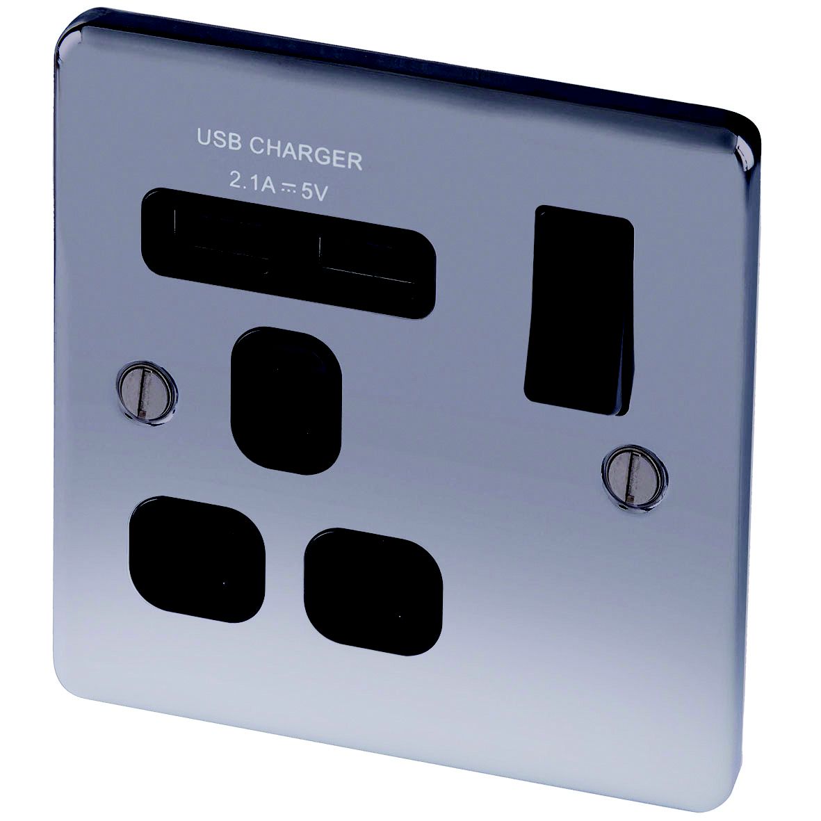 LAP Raised rounded Switched Socket with USB, x2 & Black inserts