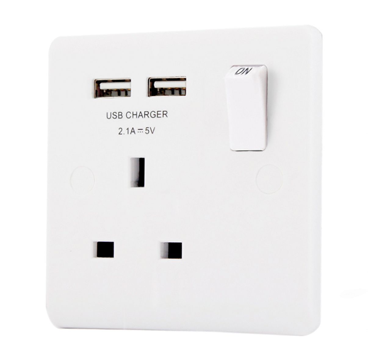 LAP Single 13A Switched Gloss White Socket with USB x2 2.1A