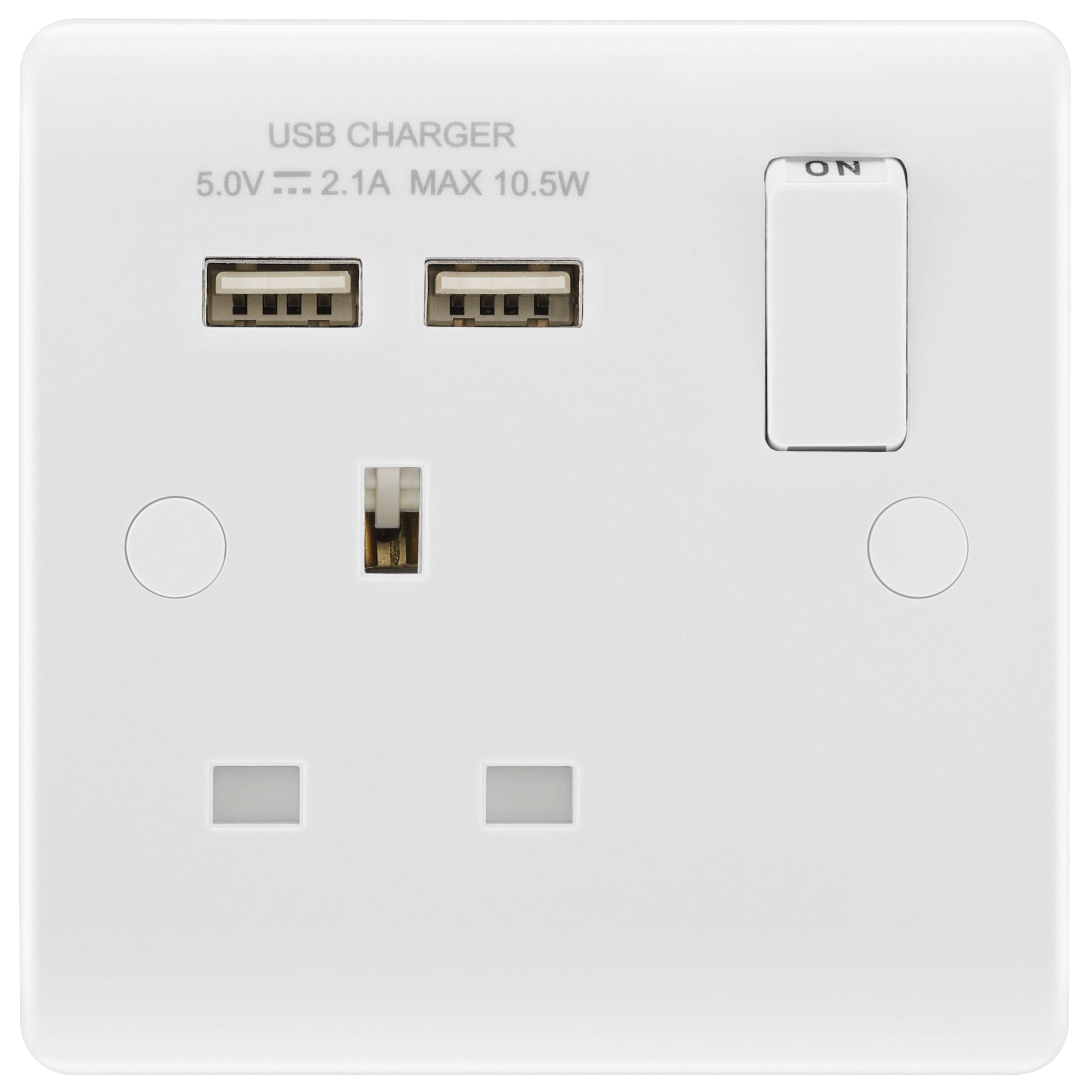 LAP Single 13A Switched Gloss White Socket with USB x2 2.1A