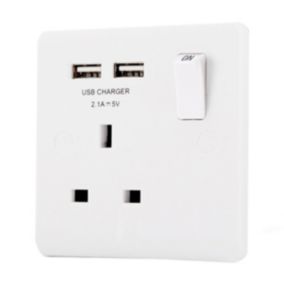 LAP White Single 13A Switched Socket with USB x2 & White inserts
