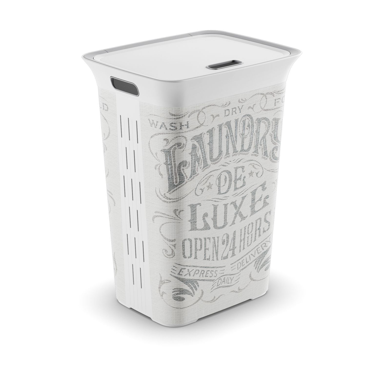 Gray and white laundry shop hamper