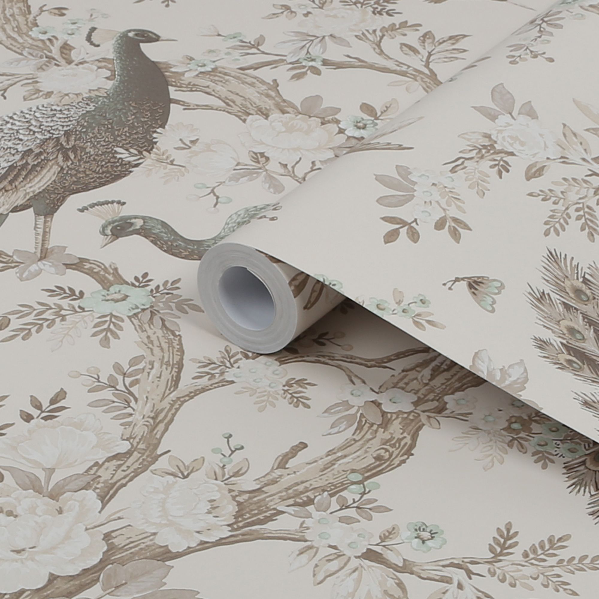 Laura Ashley Belvedere Soft truffle Peacock Smooth Wallpaper Sample DIY at B&Q