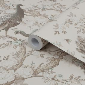Laura Ashley Belvedere Soft truffle Peacock Smooth Wallpaper Sample