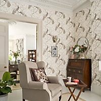 Laura Ashley Belvedere Soft truffle Peacock Smooth Wallpaper