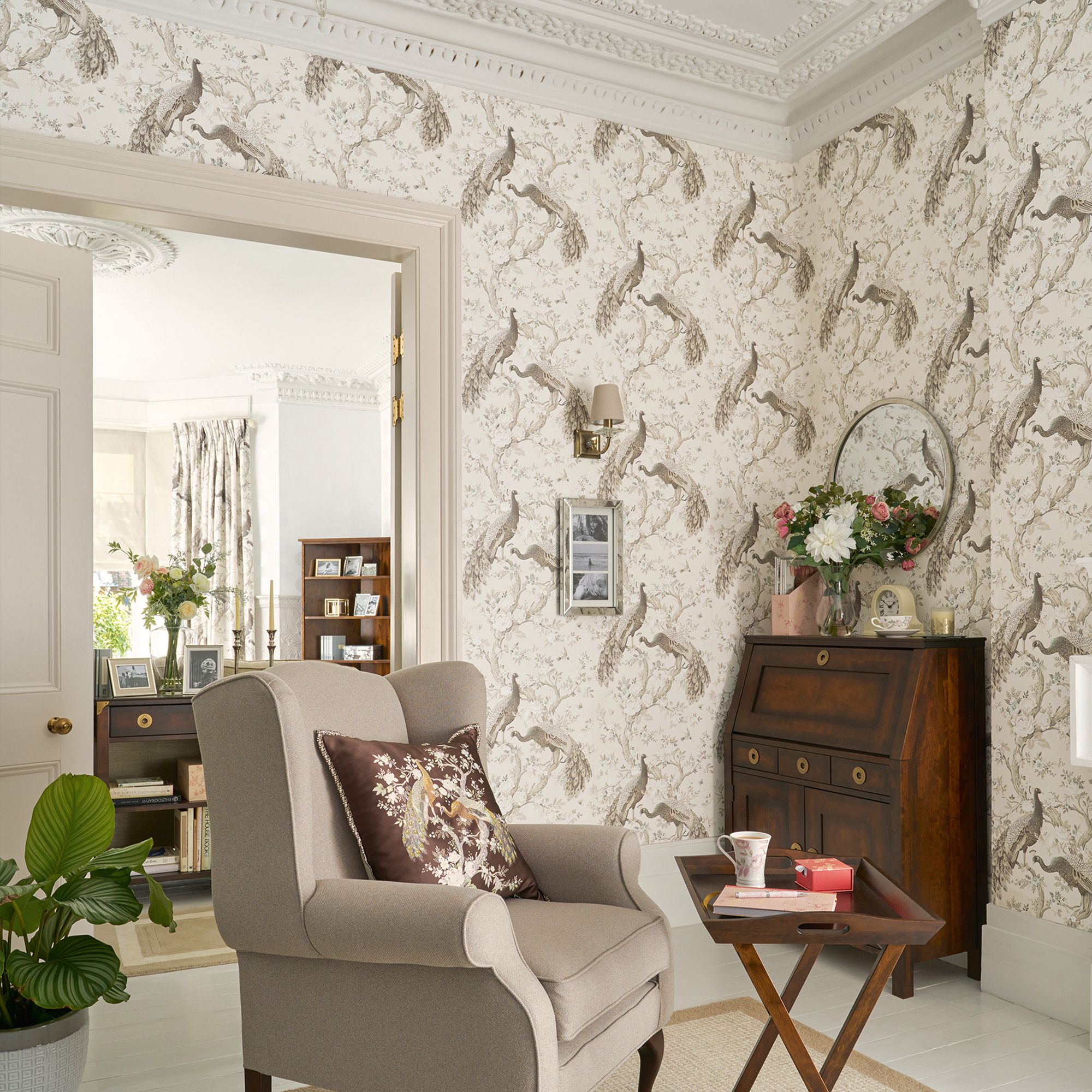 Laura Ashley Belvedere Soft truffle Peacock Smooth Wallpaper