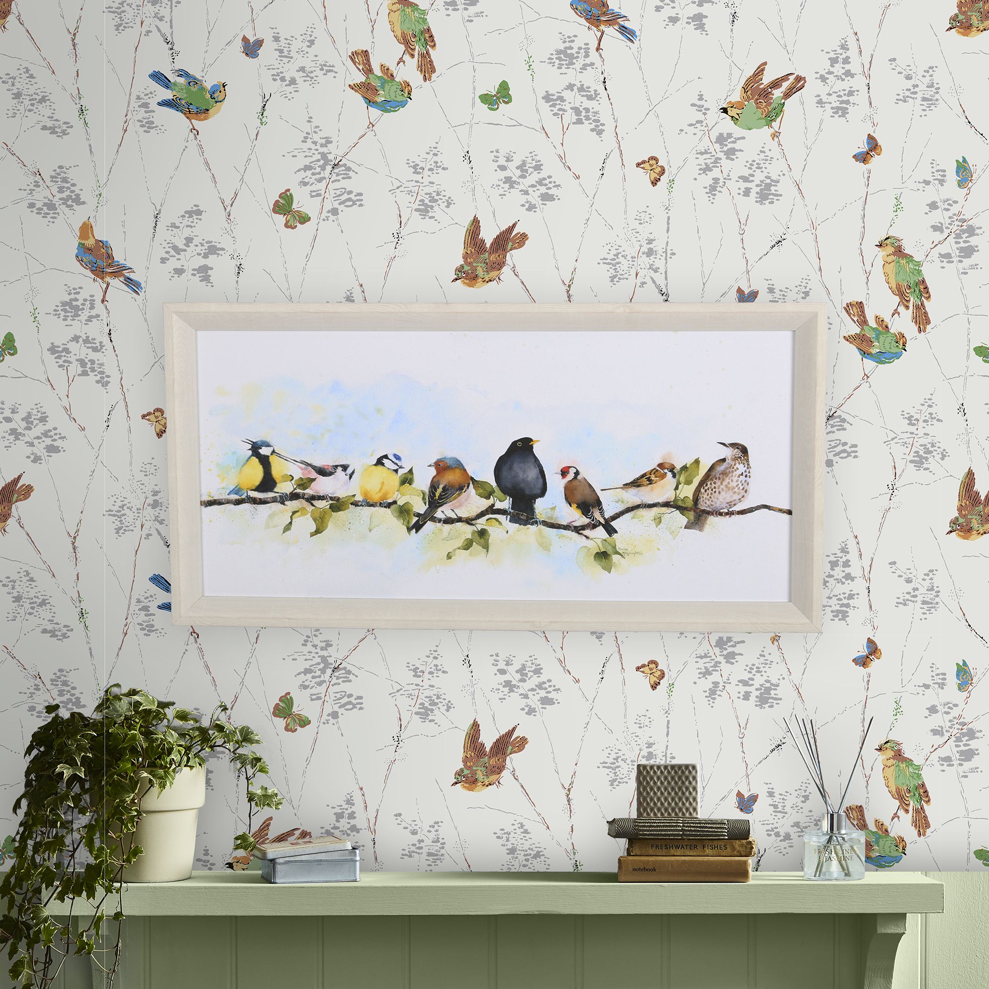Laura Ashley Covey Birds Multicolour Canvas art (H)30cm x (W)60cm