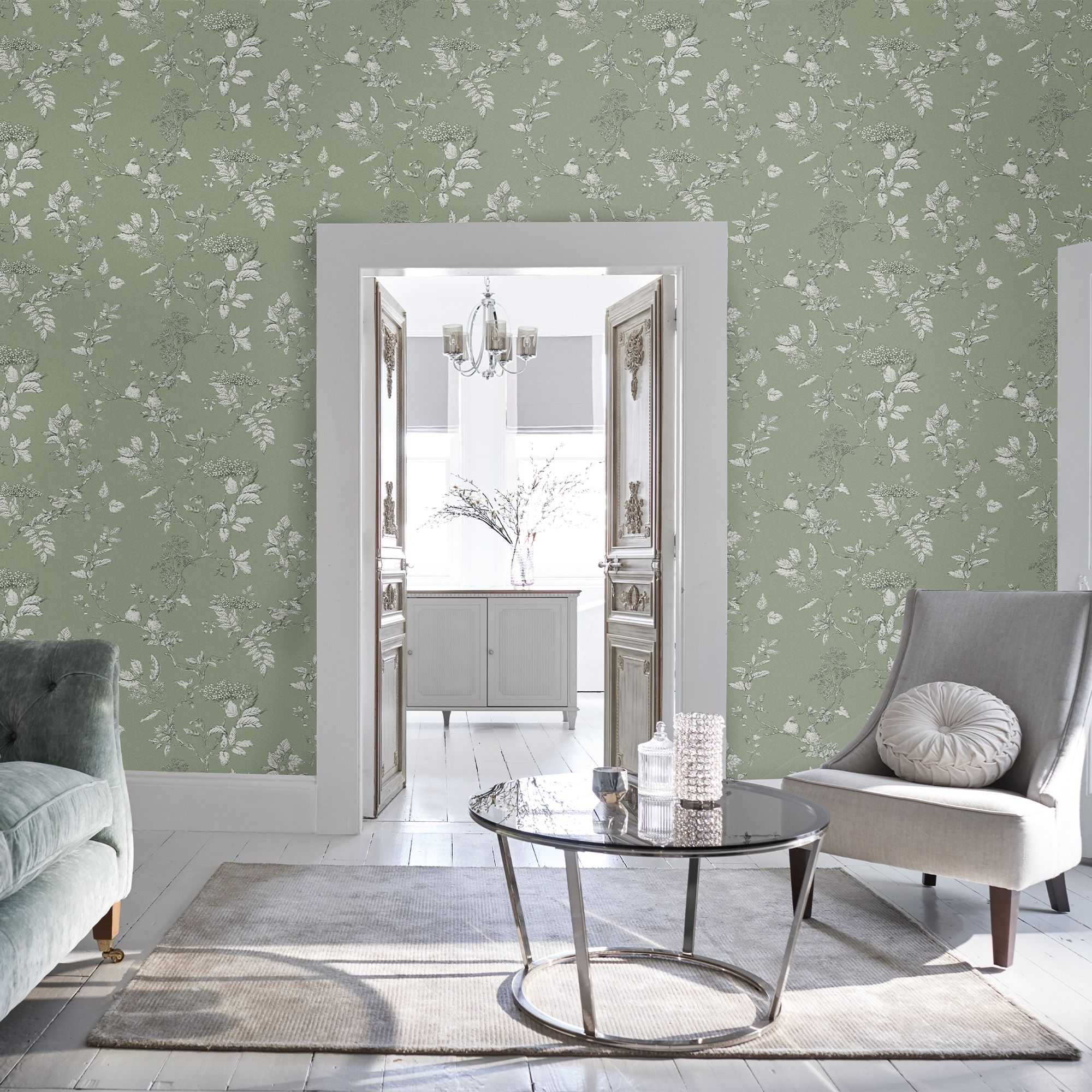 Laura Ashley Elderwood Sage Floral Smooth Wallpaper