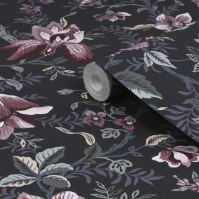 Laura Ashley Faded Glamour Edita’s Garden Charcoal Grey Smooth Wallpaper