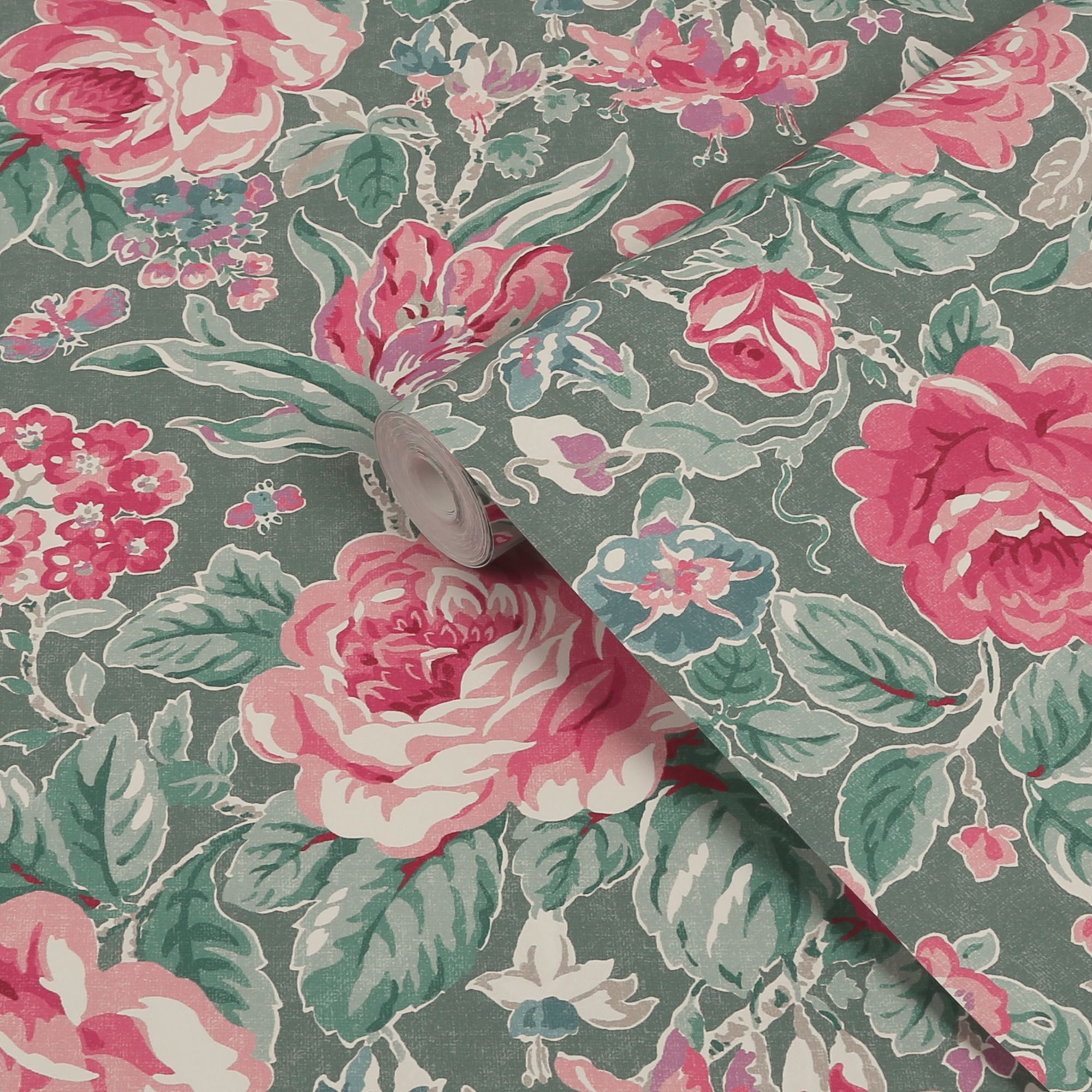 Laura Ashley Fern Green & Pink Wild Roses Smooth Wallpaper