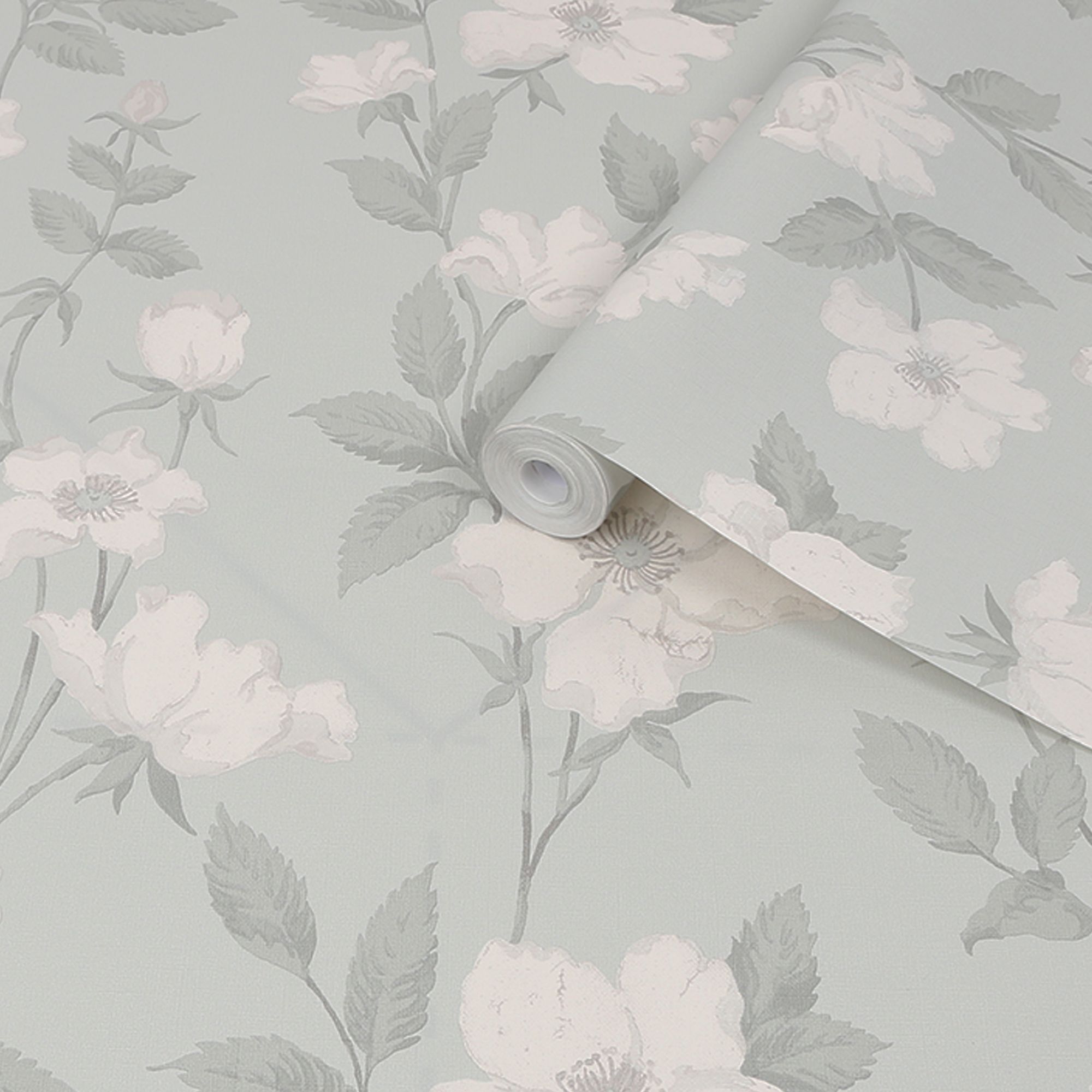 Laura Ashley Fleurir Smoke green Floral Smooth Wallpaper Sample DIY at B&Q