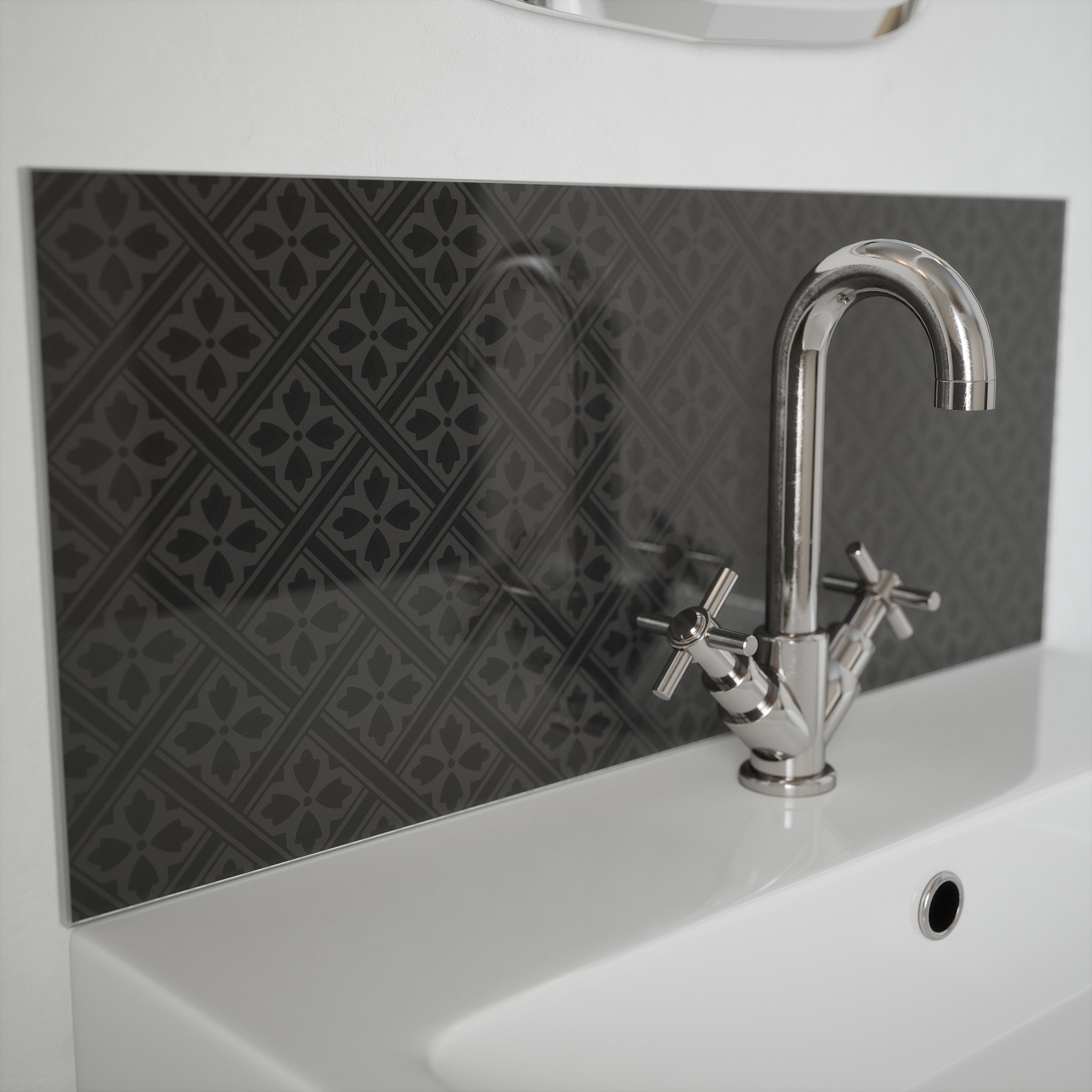 Laura Ashley Glass Self-adhesive Bathroom Splashback (H)25cm (W)60cm - Charcoal Mr Jones