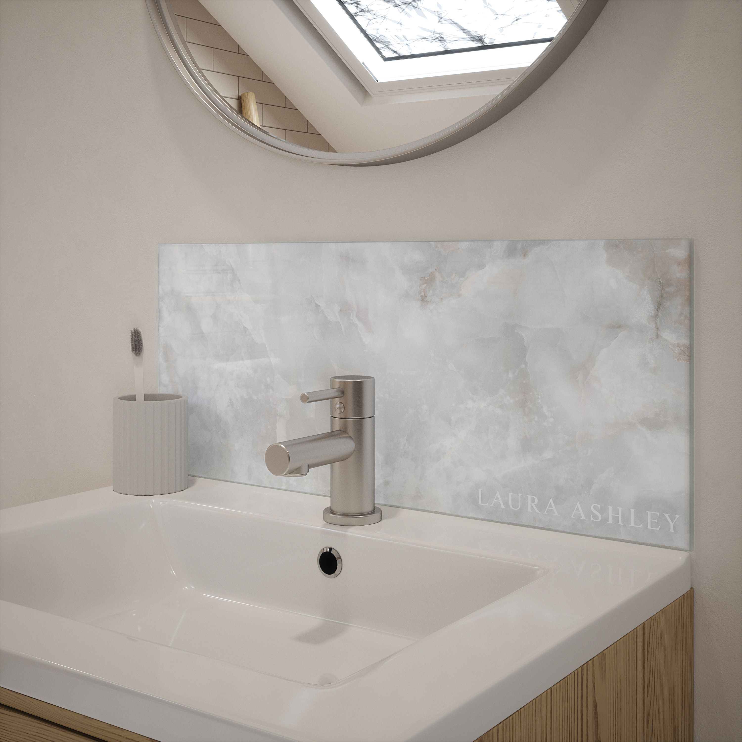 Laura Ashley Glass Self-adhesive Bathroom Splashback (H)25cm (W)60cm - Gloss Dove grey Onyx Marble effect