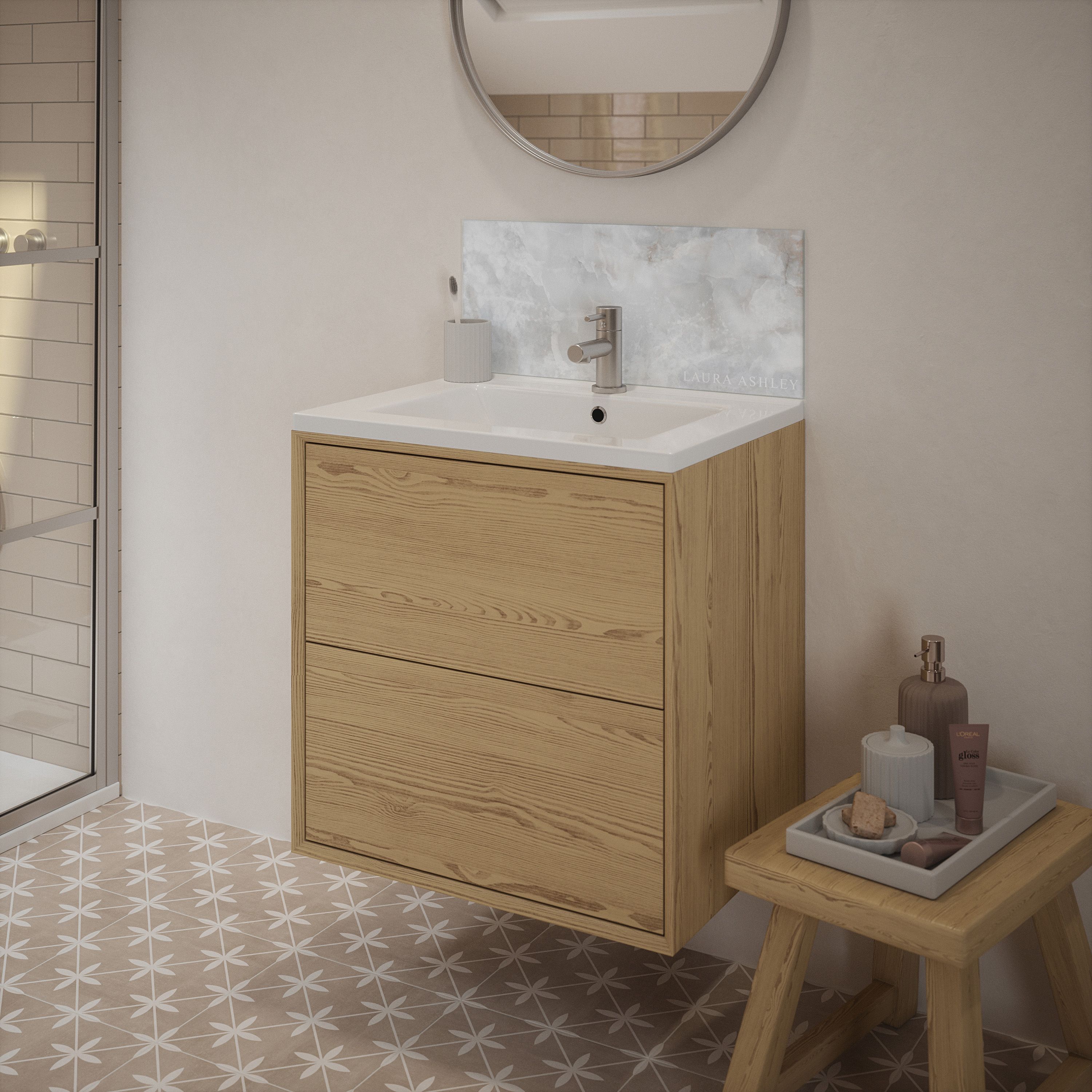 Laura Ashley Glass Self-adhesive Bathroom Splashback (H)25cm (W)60cm - Gloss Dove grey Onyx Marble effect