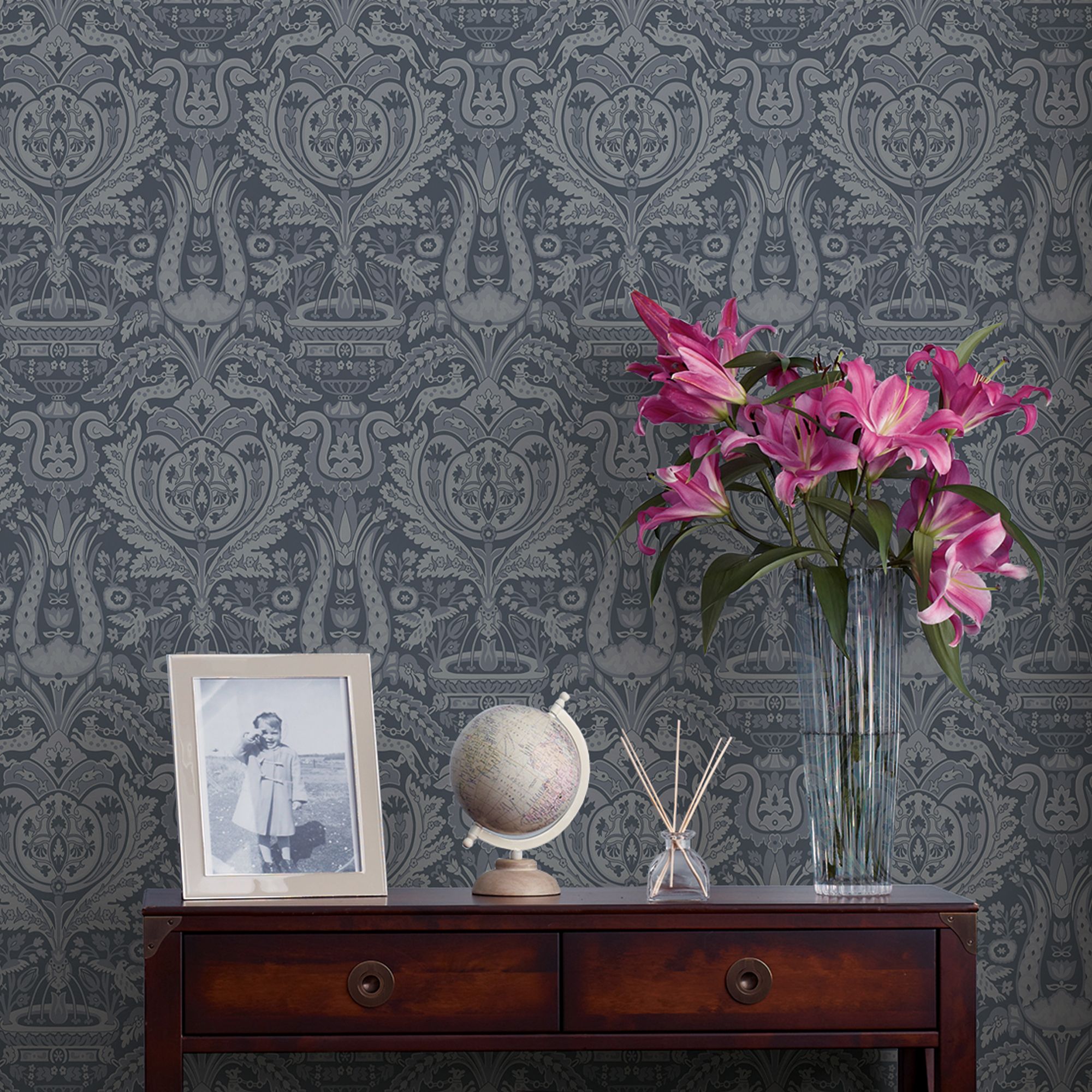 Laura Ashley Heraldic Dusky seaspray Damask Smooth Wallpaper Sample