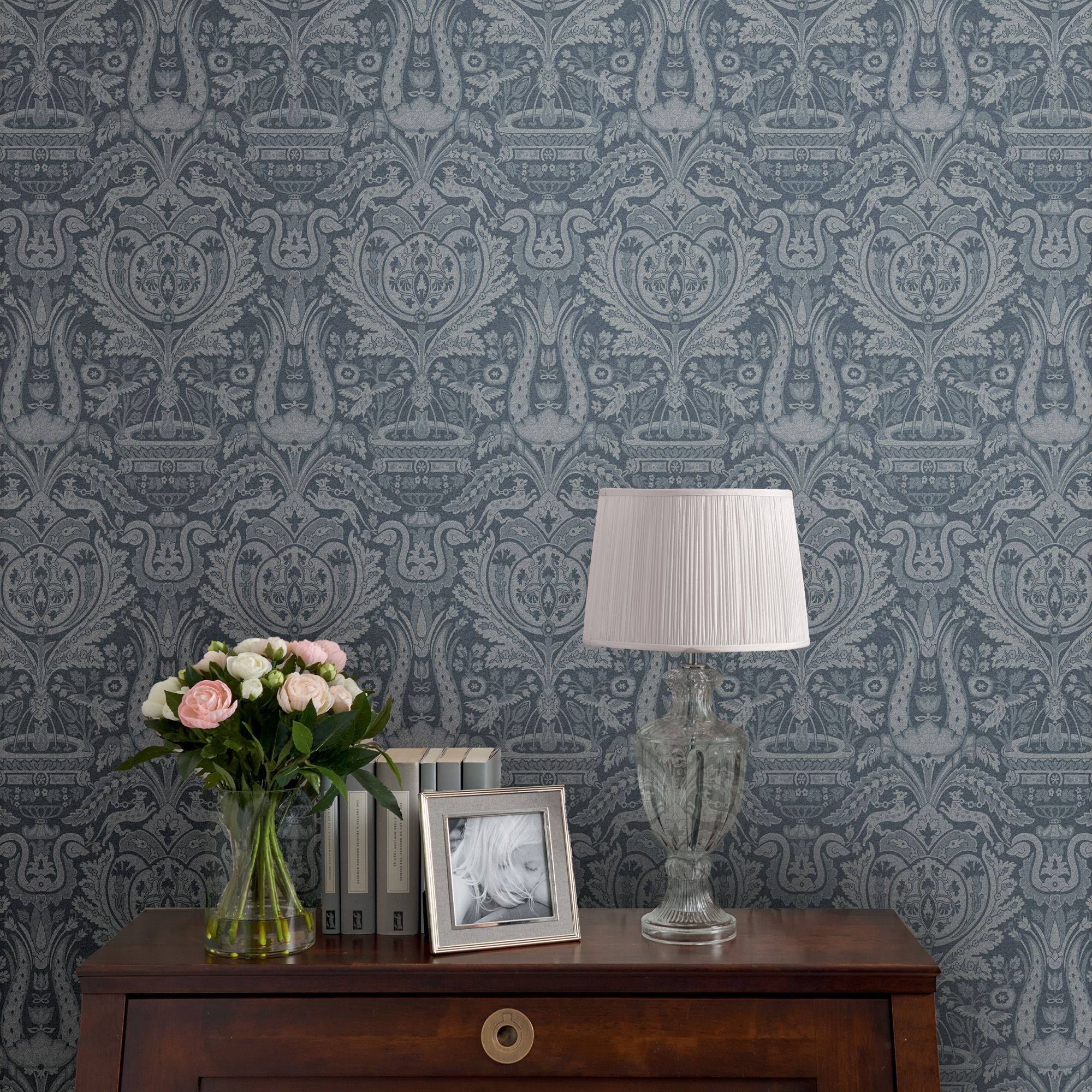 Laura Ashley Heraldic Dusky seaspray Damask Smooth Wallpaper Sample