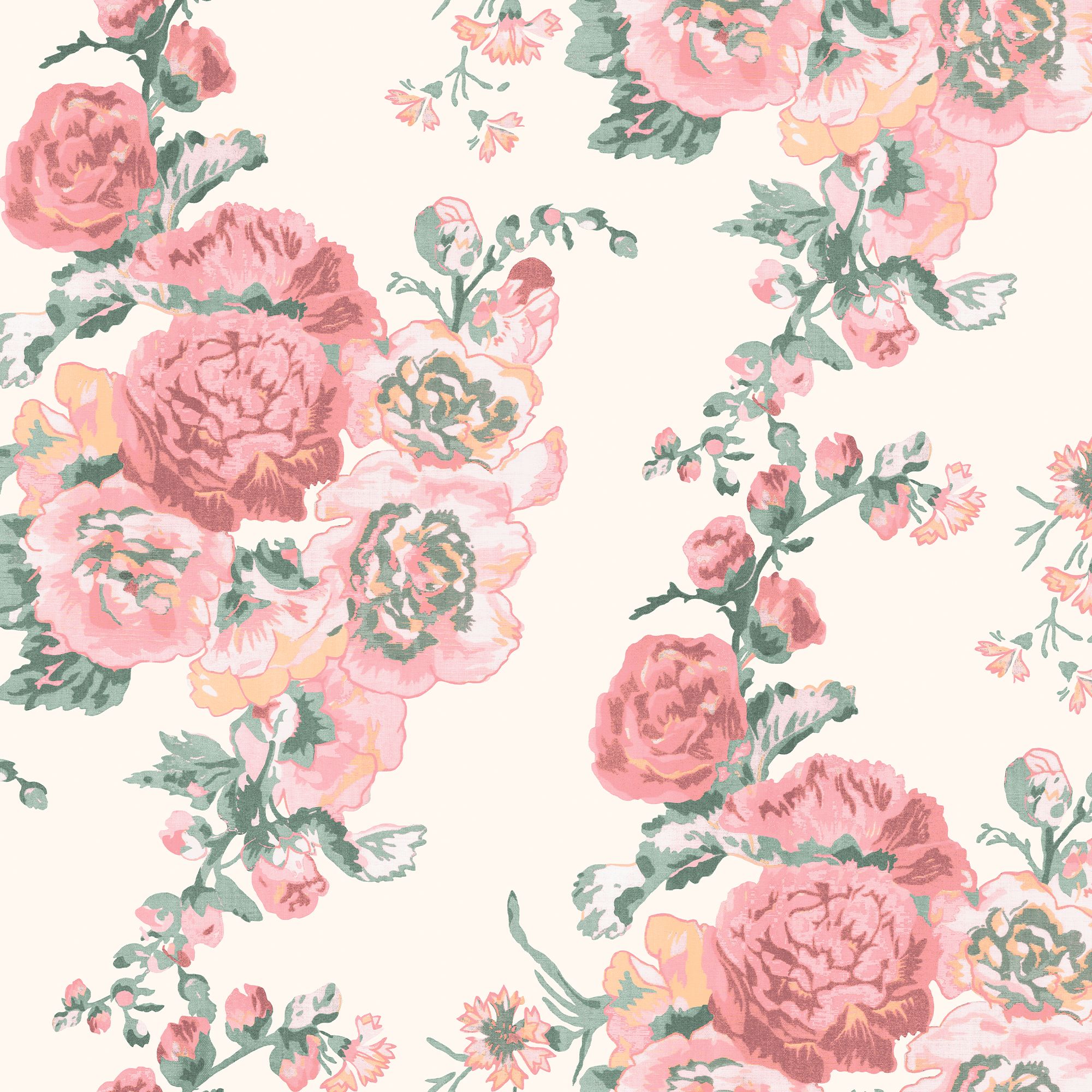 Laura Ashley Hollyhocks Coral Pink Floral Smooth Wallpaper Sample
