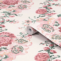 Laura Ashley Hollyhocks Coral Pink Floral Smooth Wallpaper Sample