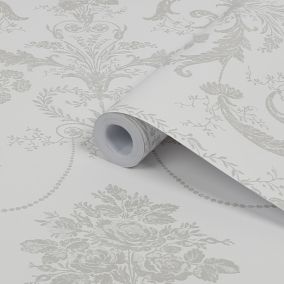 Laura Ashley Josette Dove grey & white Damask Smooth Wallpaper Sample