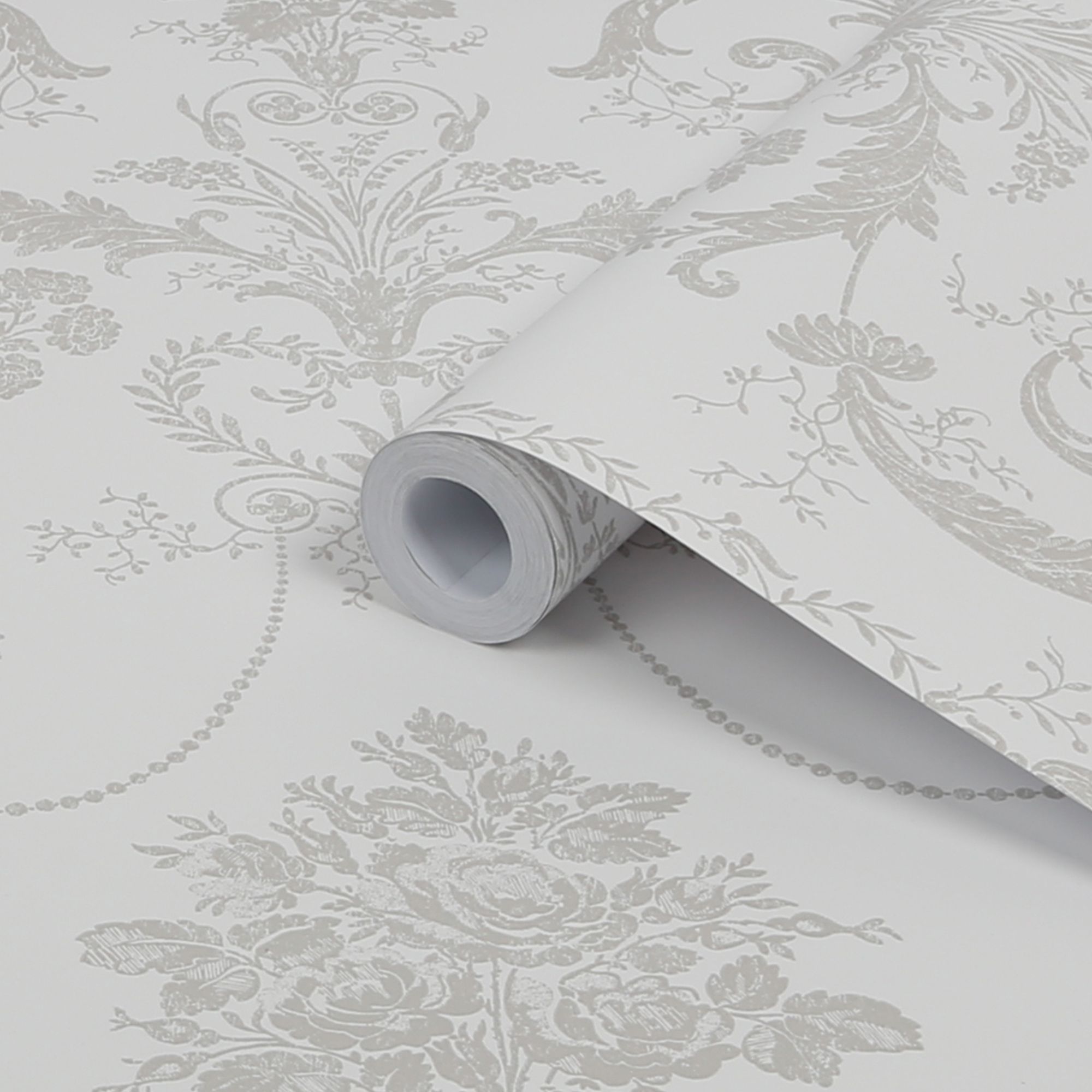 Laura Ashley Josette Dove grey & white Damask Smooth Wallpaper DIY at B&Q