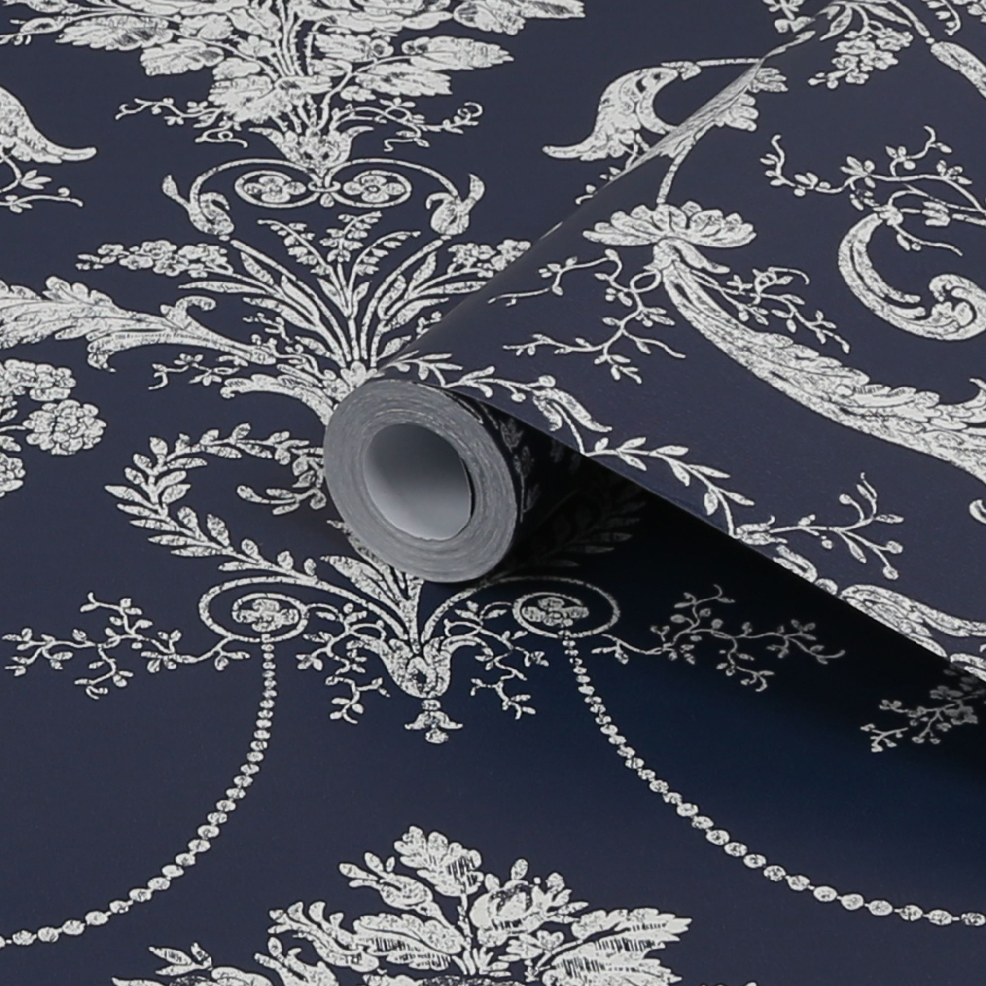 Laura Ashley Josette Midnight Damask Smooth Wallpaper Sample