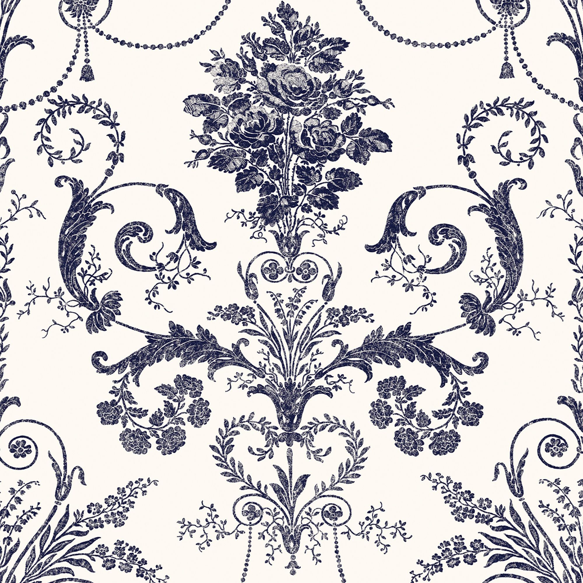 Laura Ashley Josette Midnight & off white Damask Smooth Wallpaper