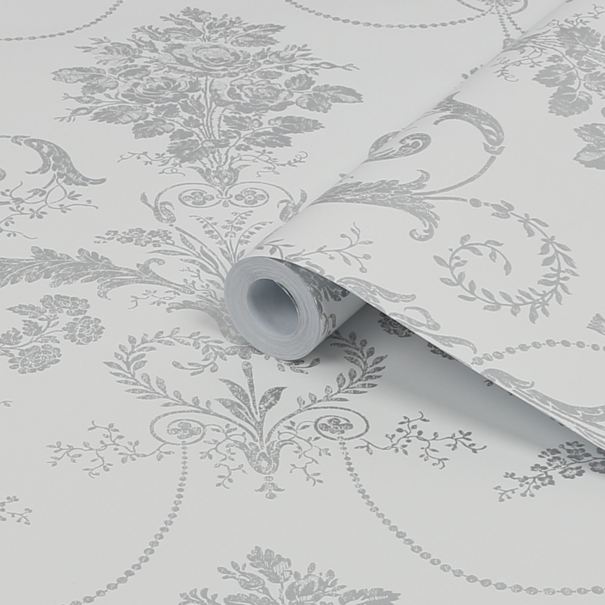 Laura Ashley Josette Silver effect Damask Smooth Wallpaper Sample