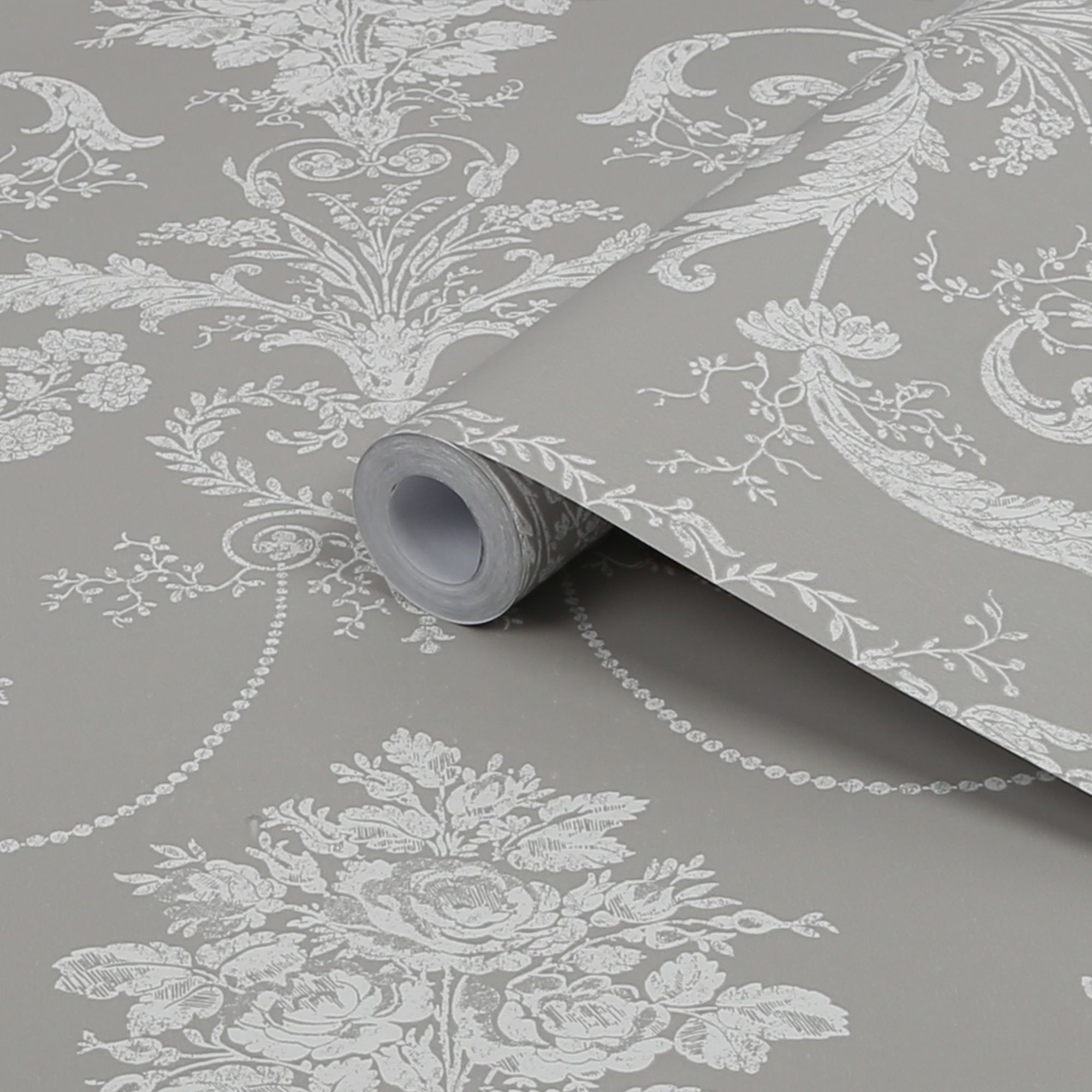 Laura Ashley Josette Steel Damask Smooth Wallpaper Sample | DIY at B&Q