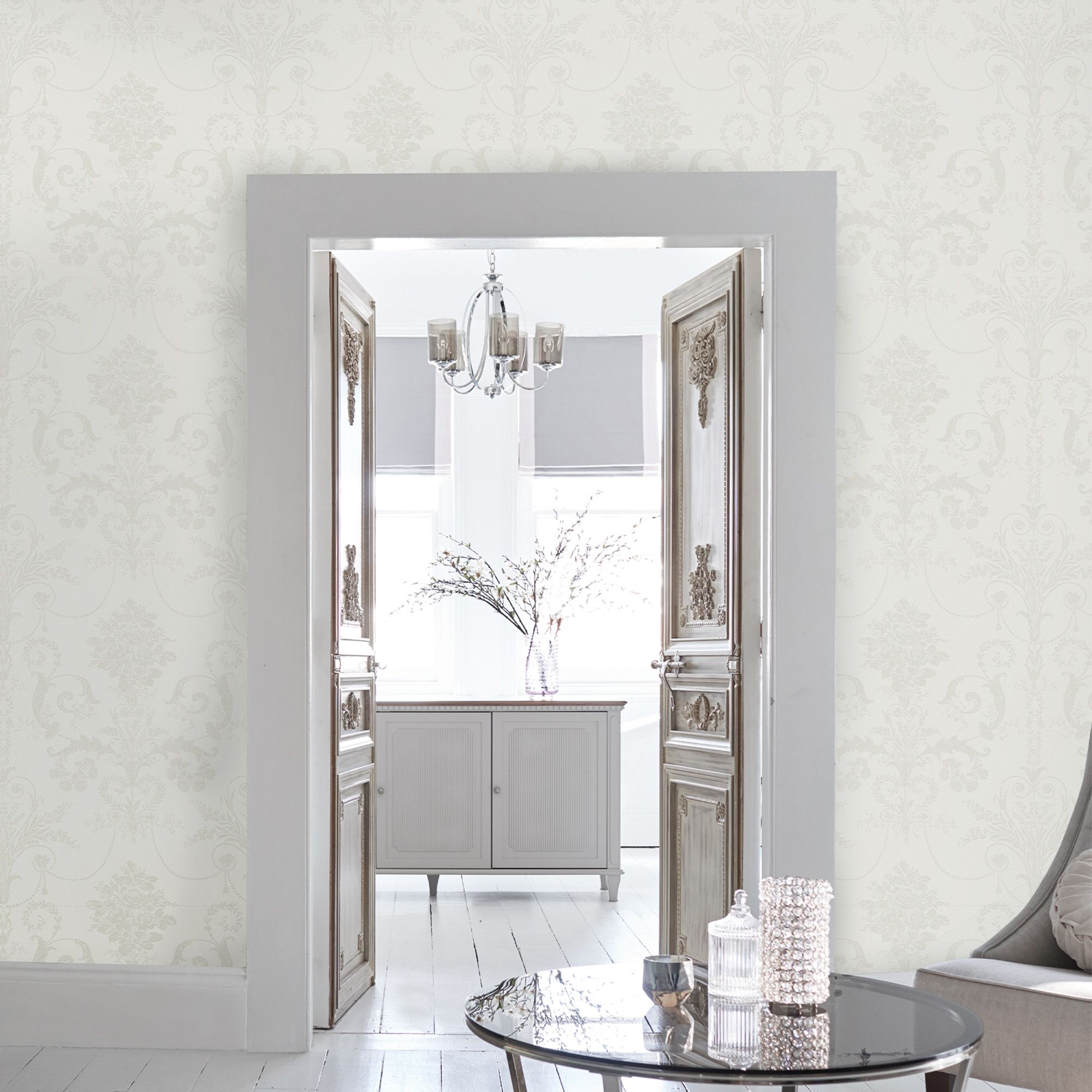 Laura Ashley Josette White Damask Smooth Wallpaper