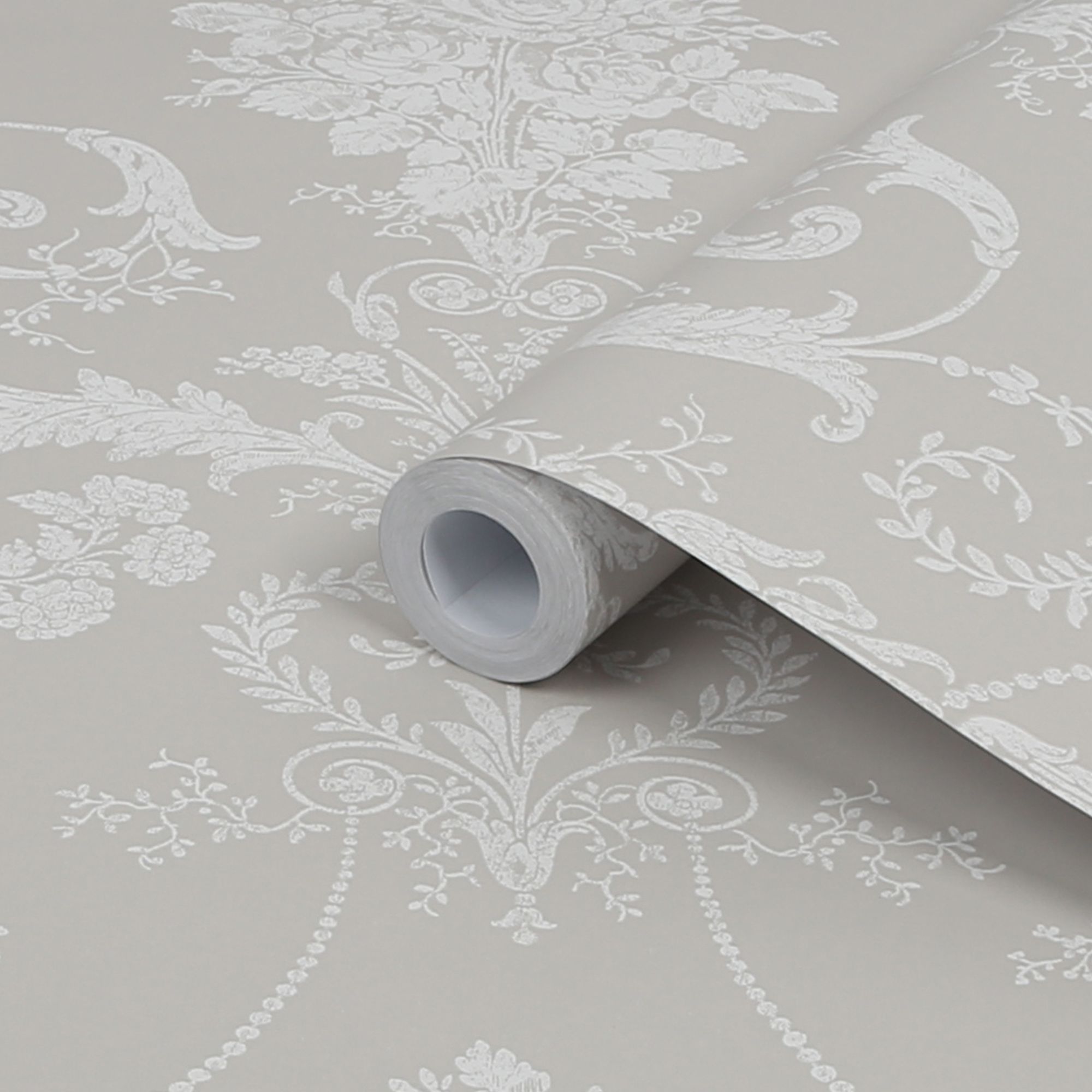 Laura Ashley Josette White & dove grey Damask Smooth Wallpaper Sample