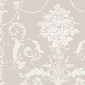 Laura Ashley Josette White & dove grey Damask Smooth Wallpaper