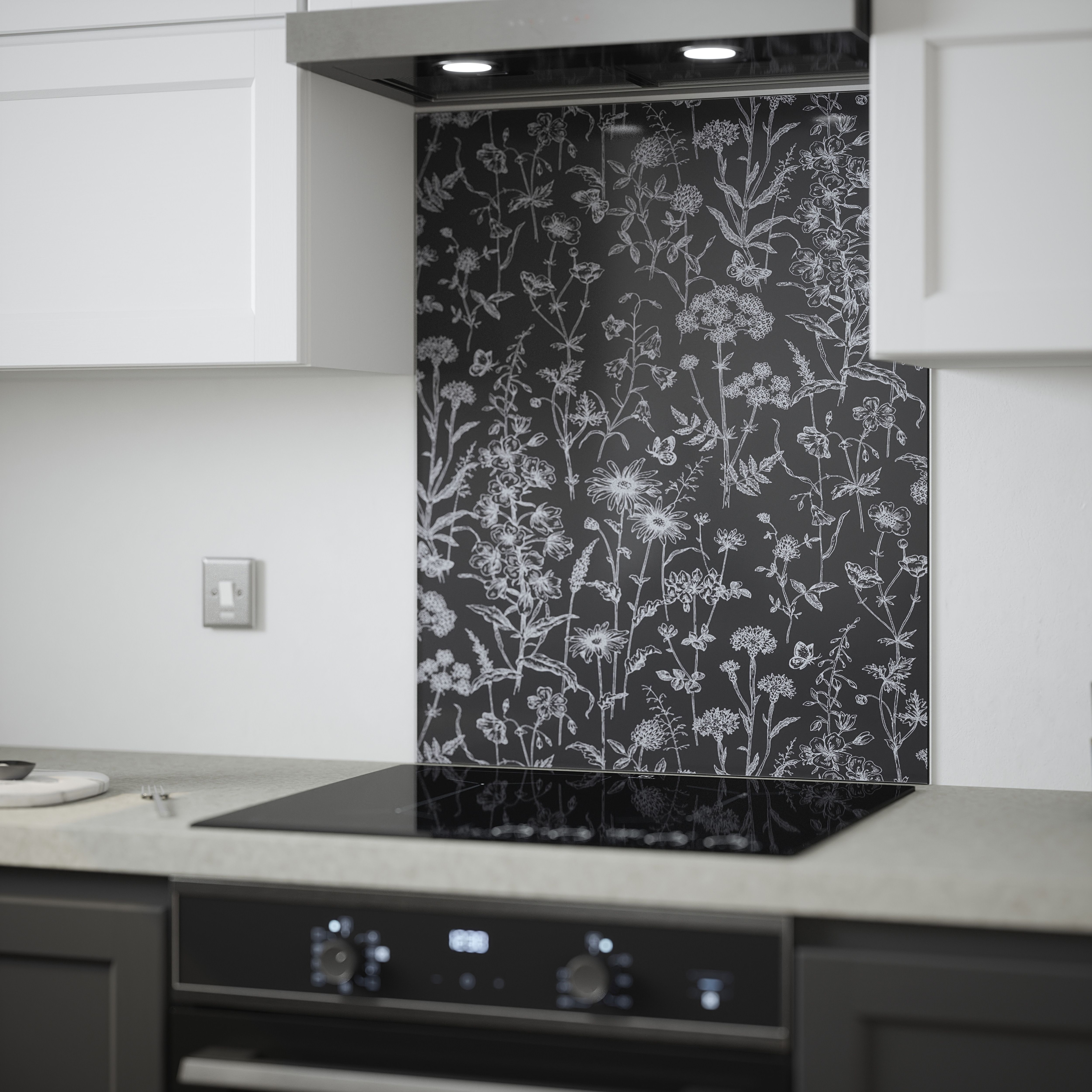 Laura Ashley Lisette Charcoal Silhouette Floral Glass Splashback, (H)750mm  (W)600mm (T)6mm