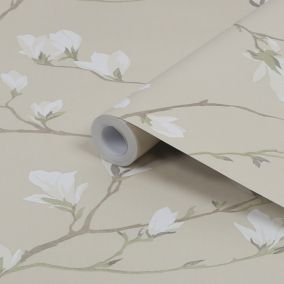 Laura Ashley Magnolia grove Neutral Floral Smooth Wallpaper Sample