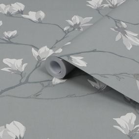 Laura Ashley Magnolia grove Slate Floral Smooth Wallpaper Sample