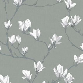 Laura Ashley Magnolia grove Slate Floral Smooth Wallpaper