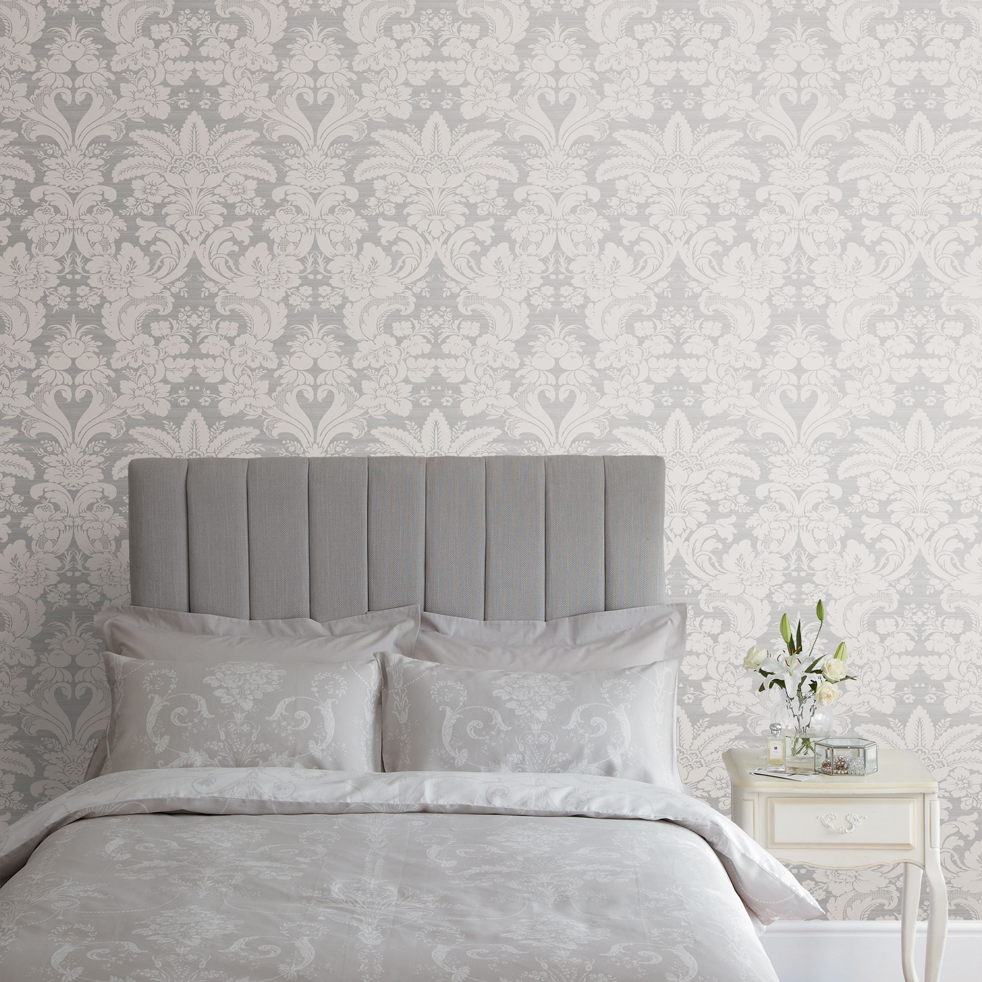 Laura Ashley Martigues Moonbeam Damask Smooth Wallpaper
