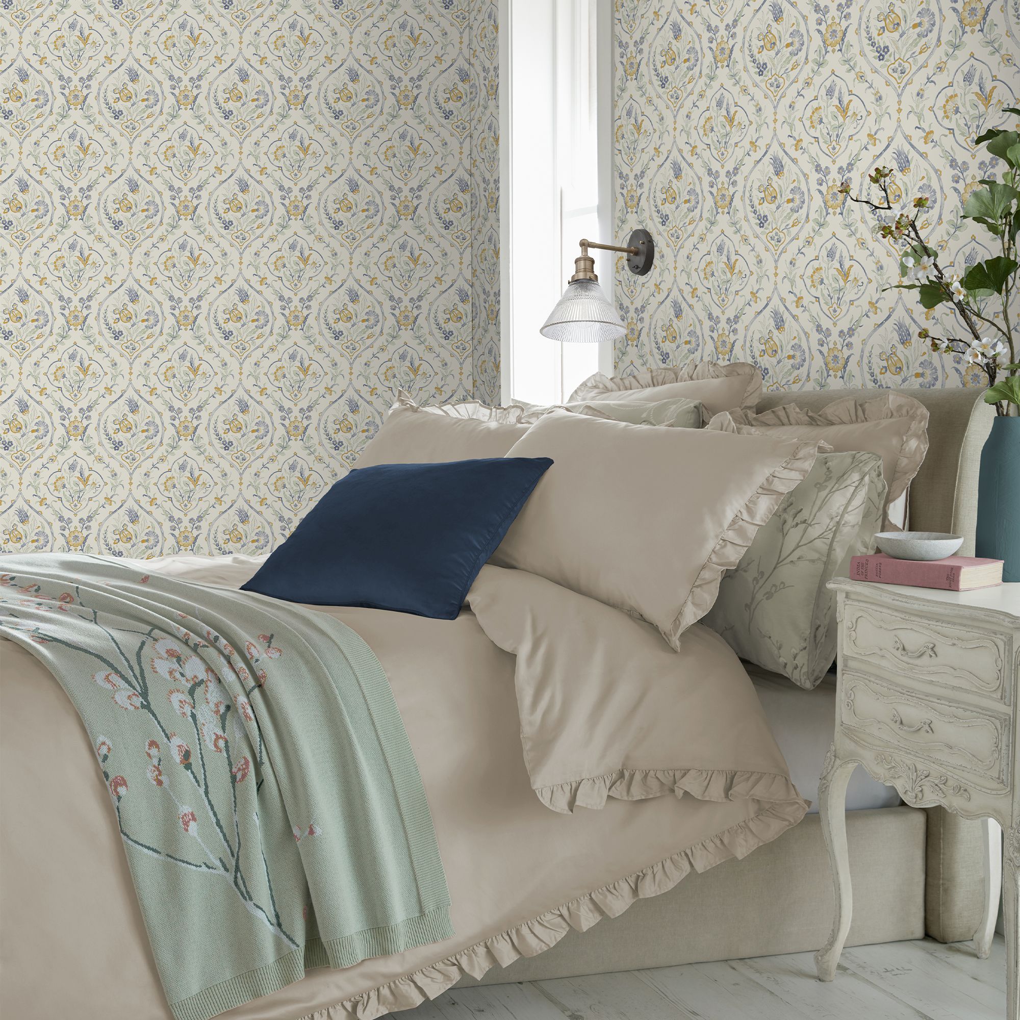 Laura Ashley Midnight Palace Foscot Damask Pale Ochre Yellow Smooth Wallpaper