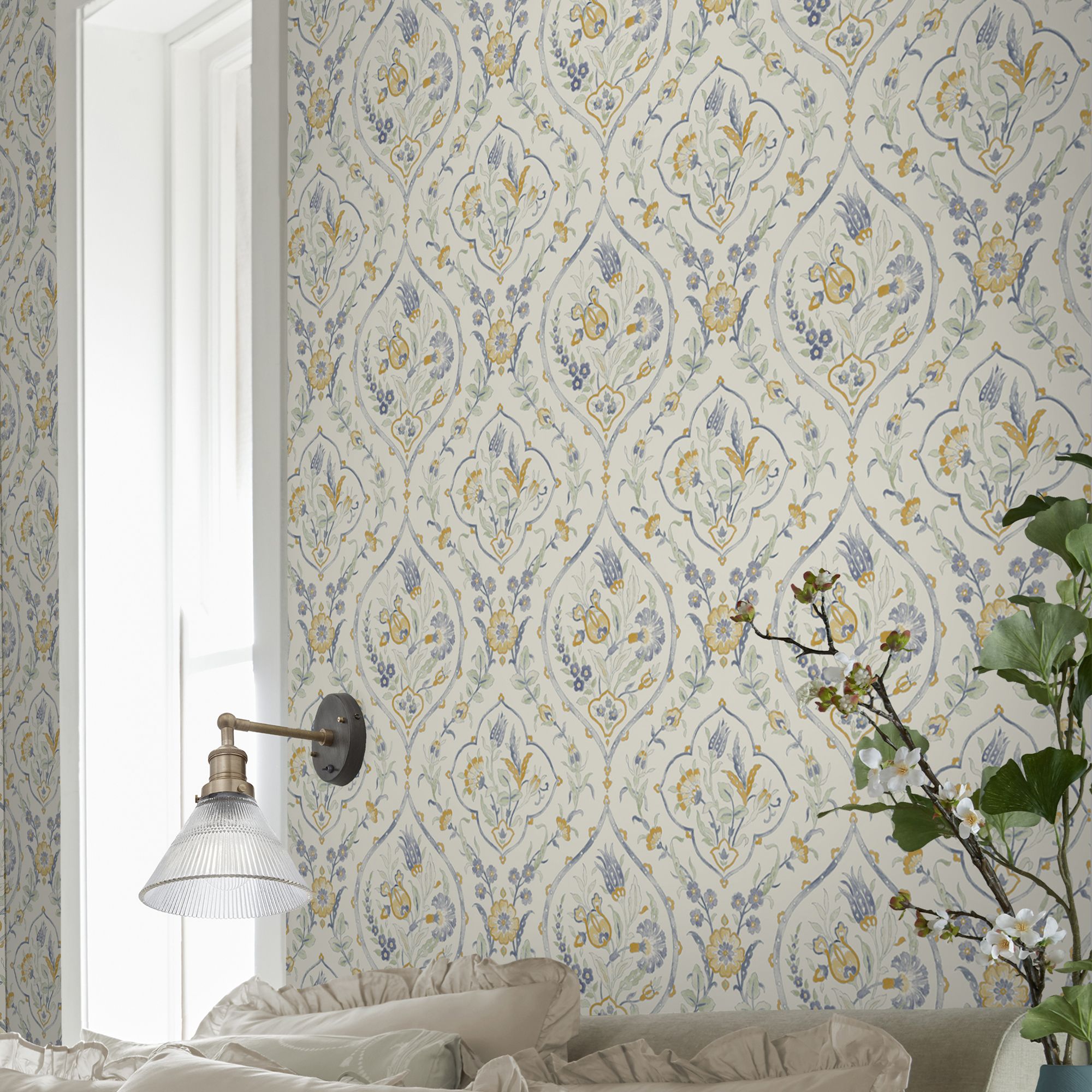 Laura Ashley Midnight Palace Foscot Damask Pale Ochre Yellow Smooth Wallpaper