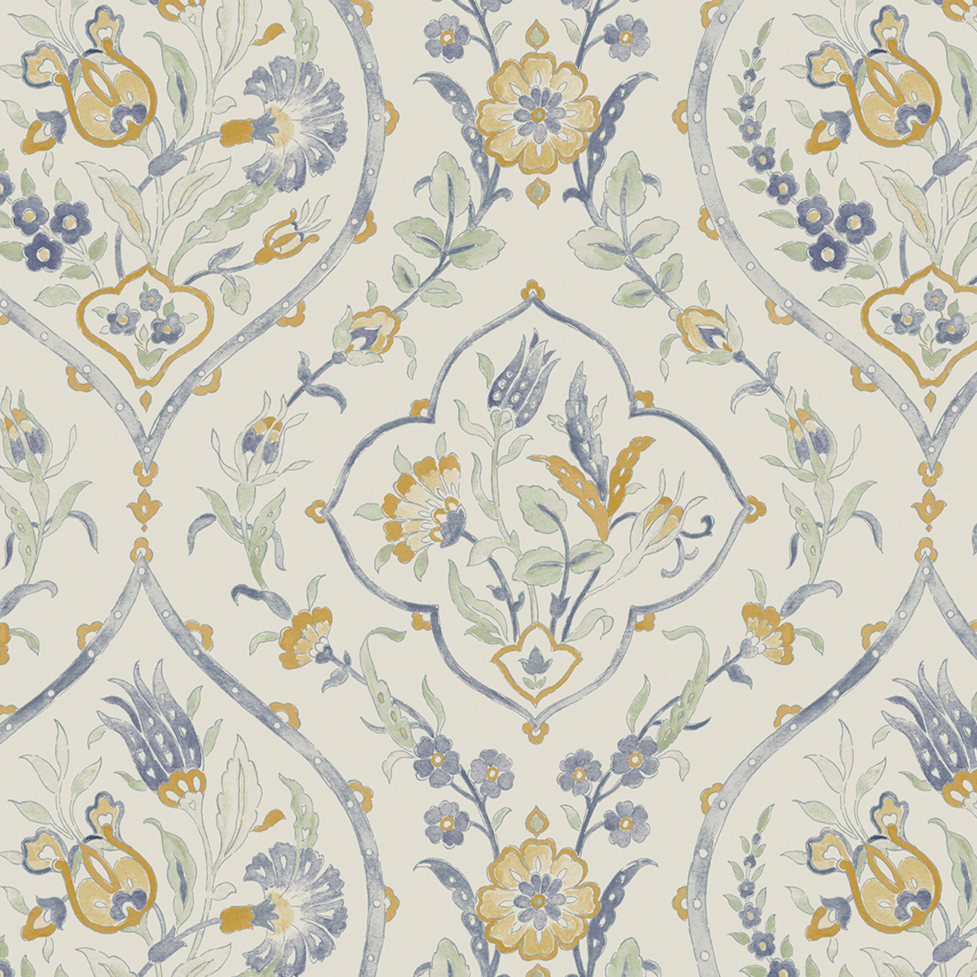 Laura Ashley Midnight Palace Foscot Damask Pale Ochre Yellow Smooth Wallpaper