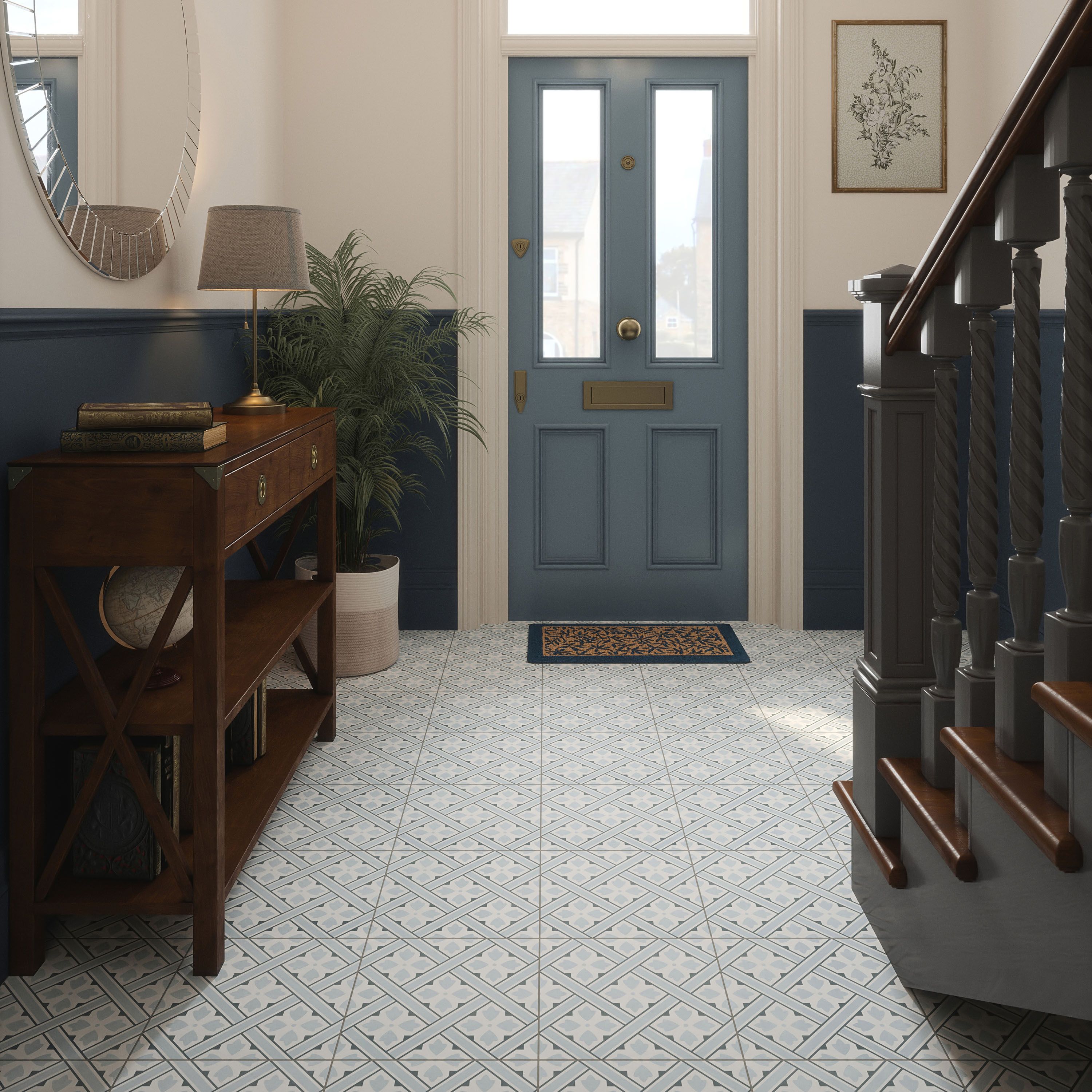 Laura Ashley Mr Jones Seaspray Blue Matt Patterned Ceramic Indoor Wall & floor Tile Sample