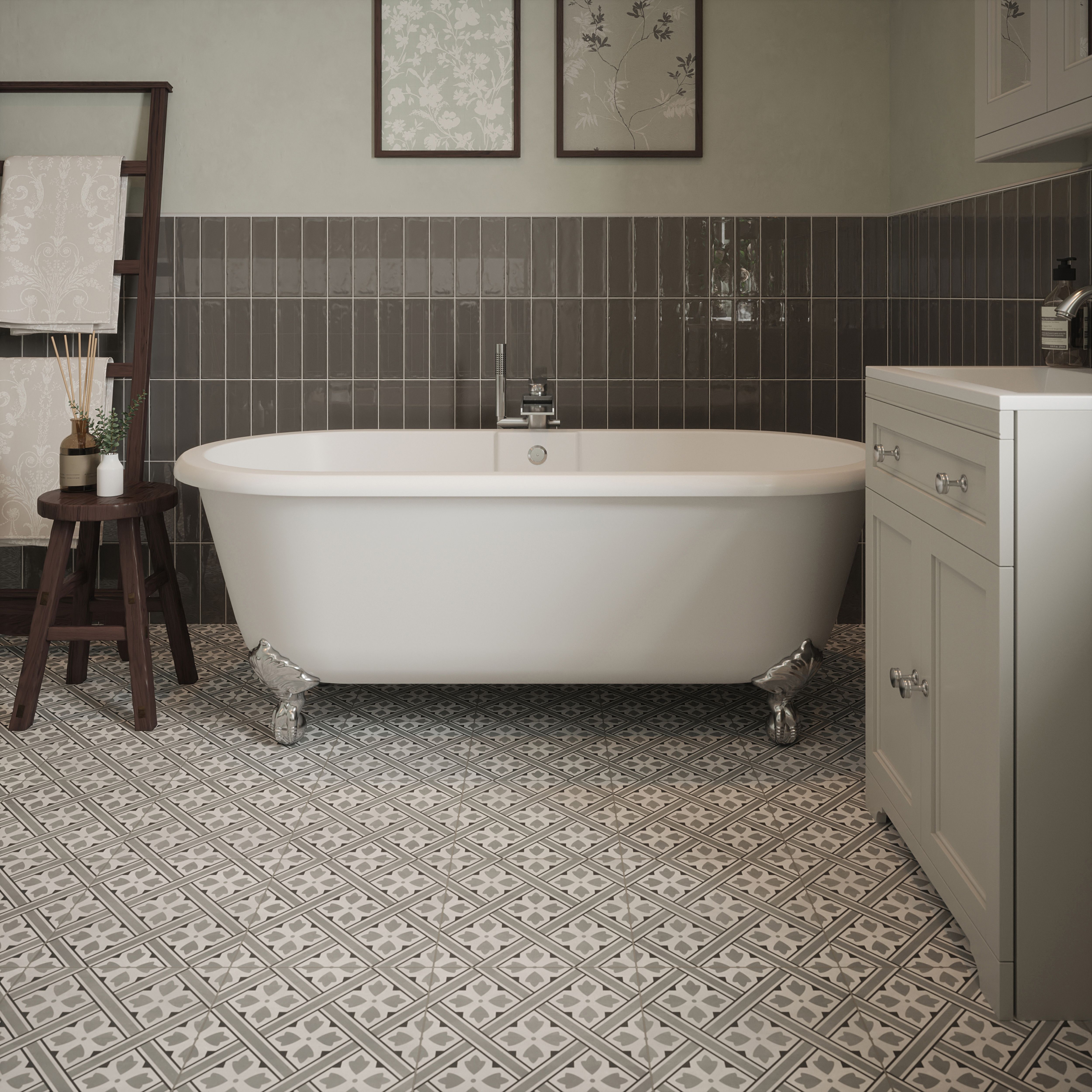 Laura Ashley Mr Jones Steel Grey Matt Patterned Cement tile effect Ceramic Indoor Wall & floor tile, (L)300mm (W)300mm, 0.99m²