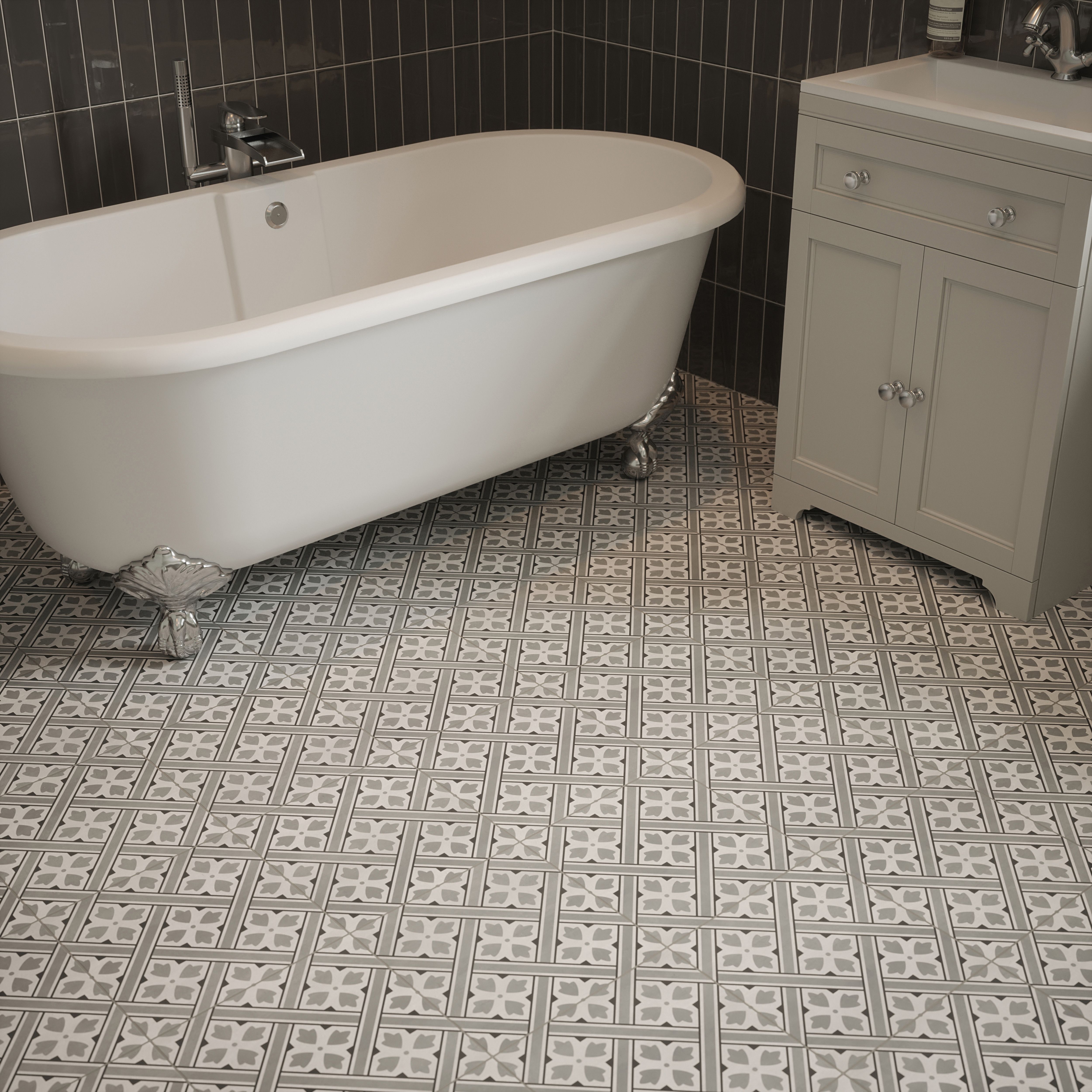 Laura Ashley Mr Jones Steel Grey Matt Patterned Cement tile effect Ceramic Indoor Wall & floor tile, (L)300mm (W)300mm, 0.99m²