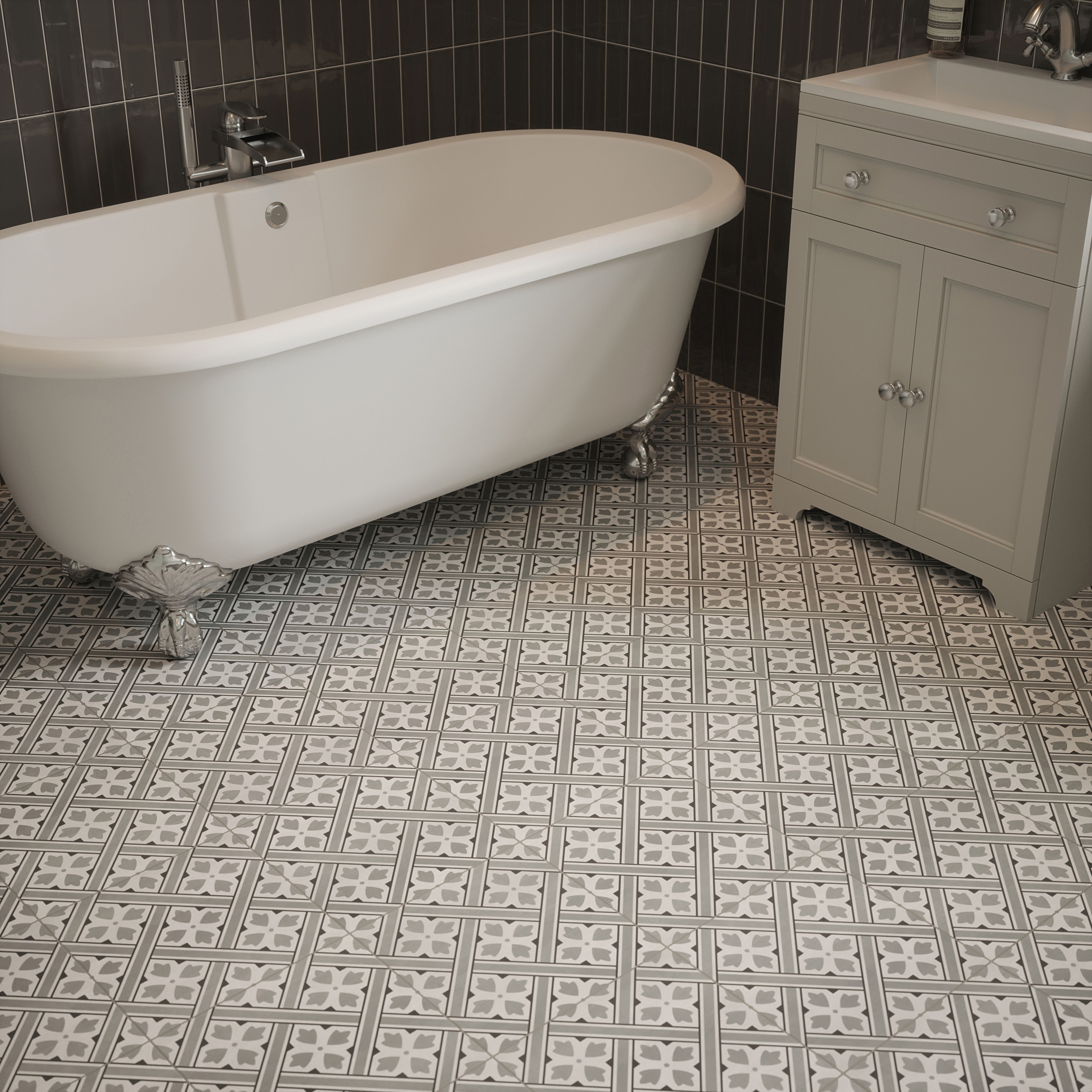Laura Ashley Mr Jones Steel Grey Matt Patterned Cement tile effect Ceramic Indoor Wall & floor tile, Pack of 11, (L)300mm (W)300mm