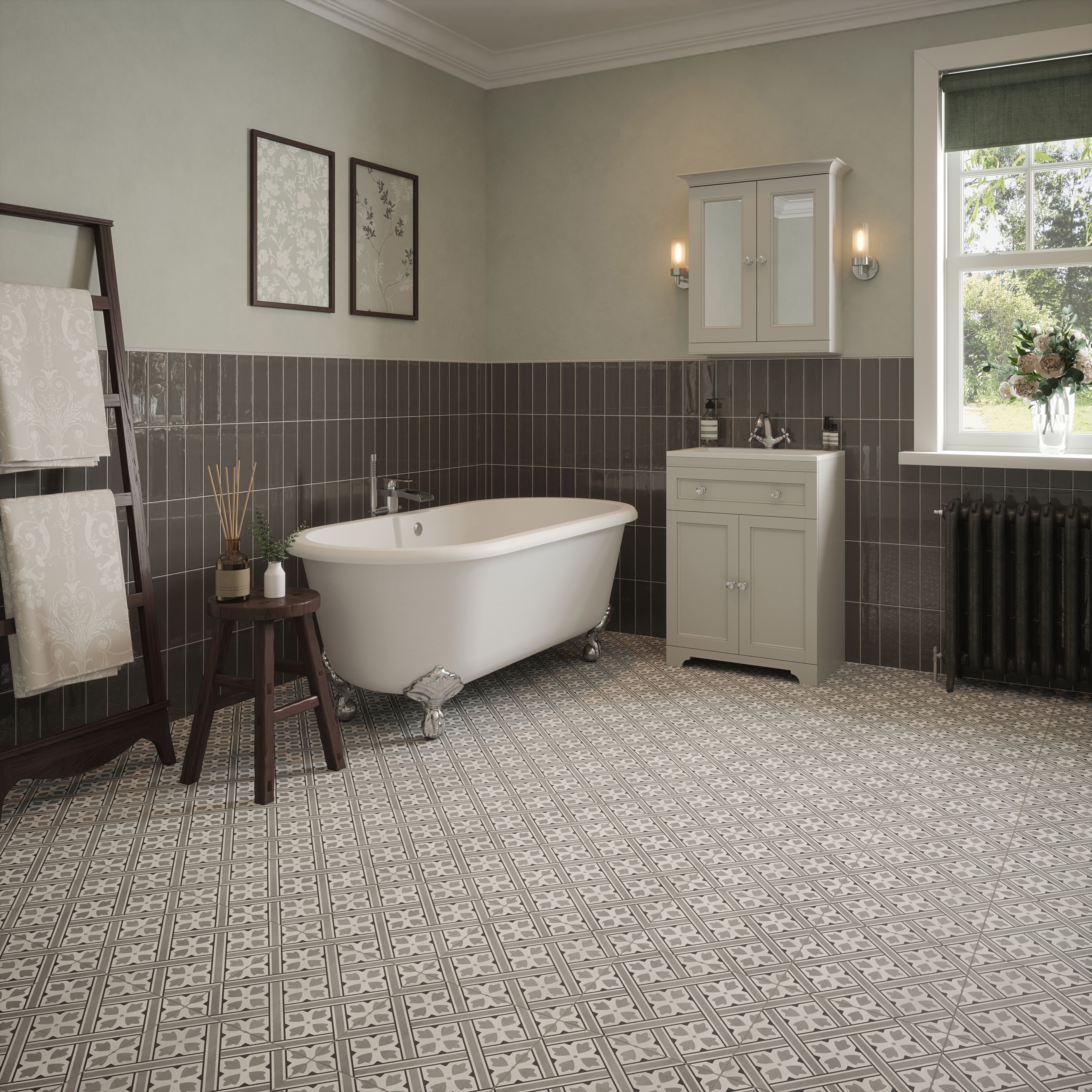Laura Ashley Mr Jones Steel Grey Matt Patterned Cement tile effect Ceramic Indoor Wall & floor tile, Pack of 11, (L)300mm (W)300mm