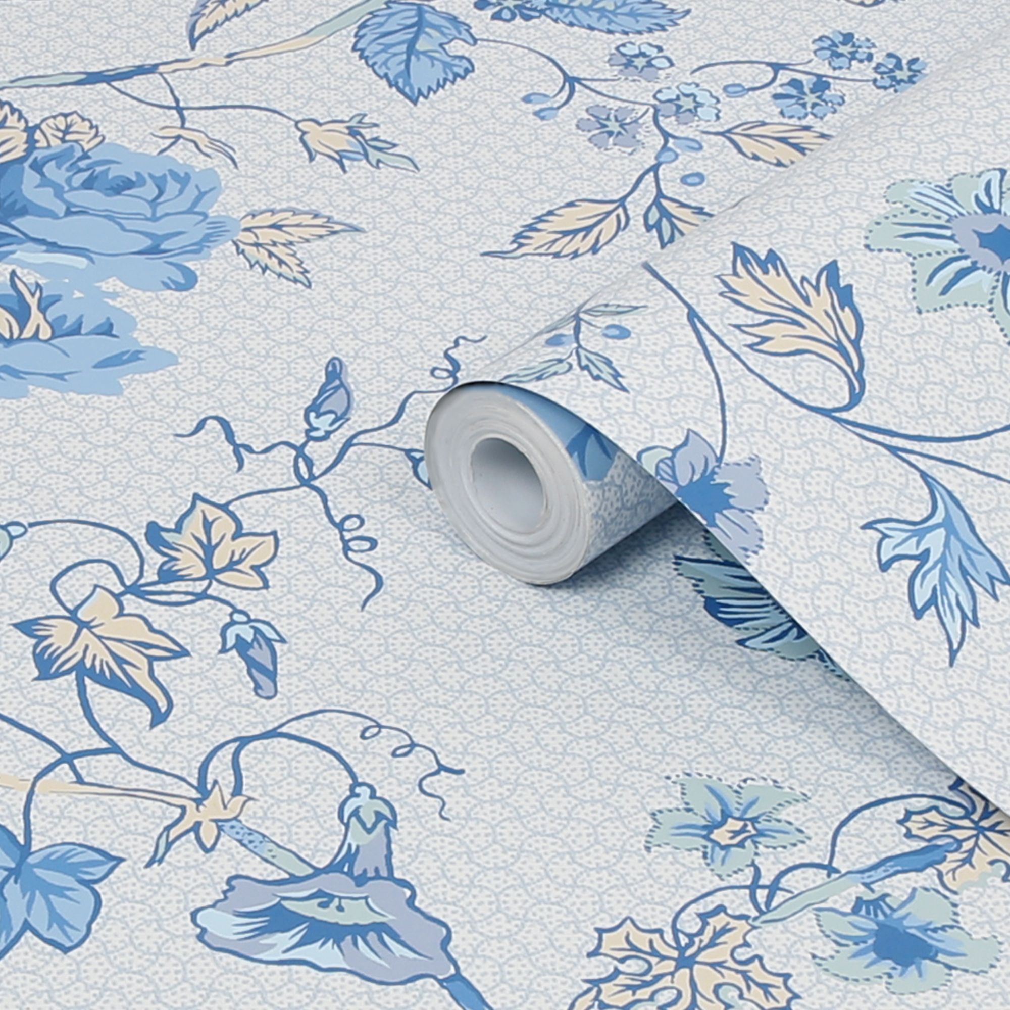 Laura Ashley Rambling Rector Blue Sky Floral Smooth Wallpaper Sample