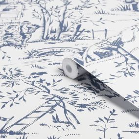 Laura Ashley Toile de Jouy Blue Classical Smooth Wallpaper Sample