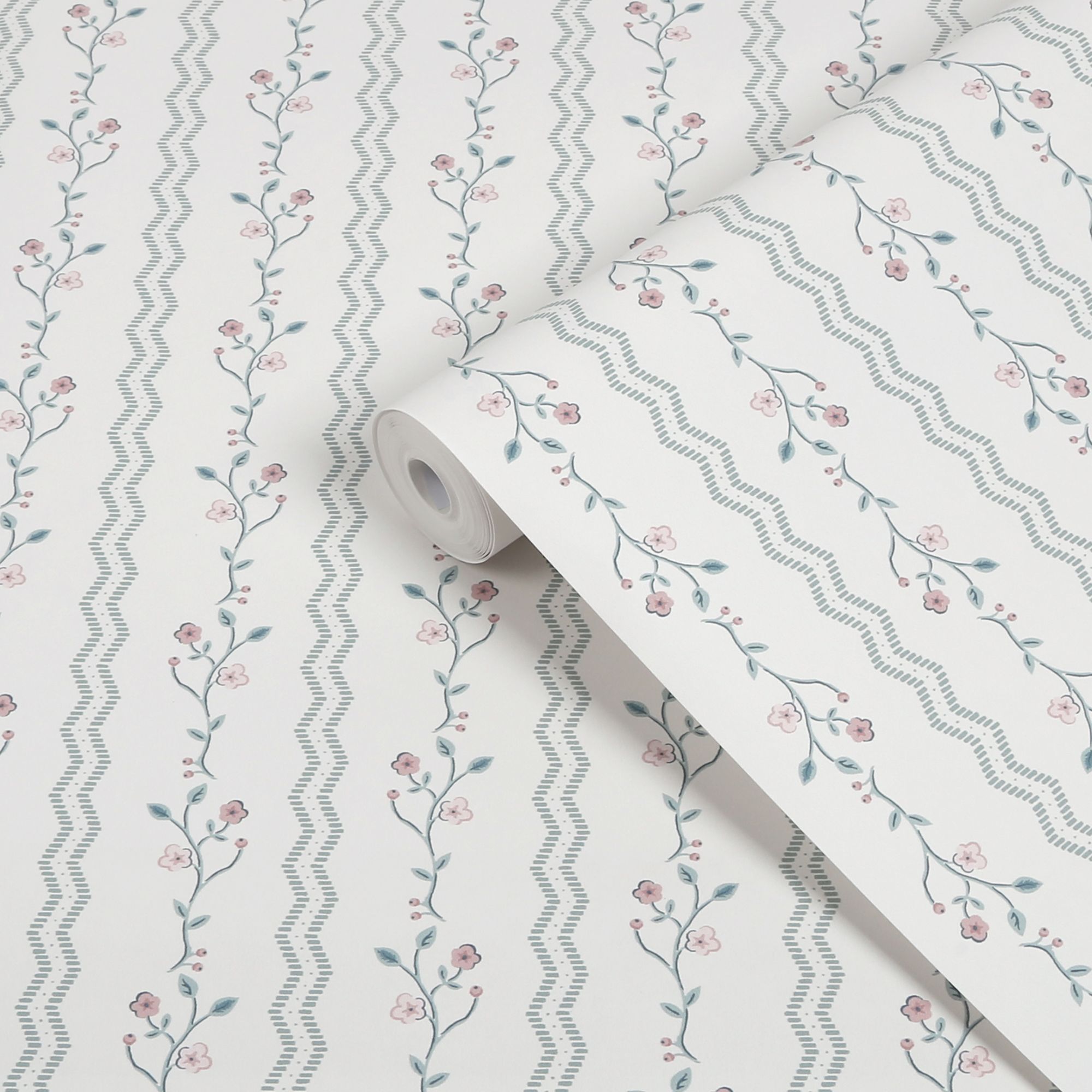 Laura Ashley White & Duck Egg Blencow Patterned Smooth Wallpaper