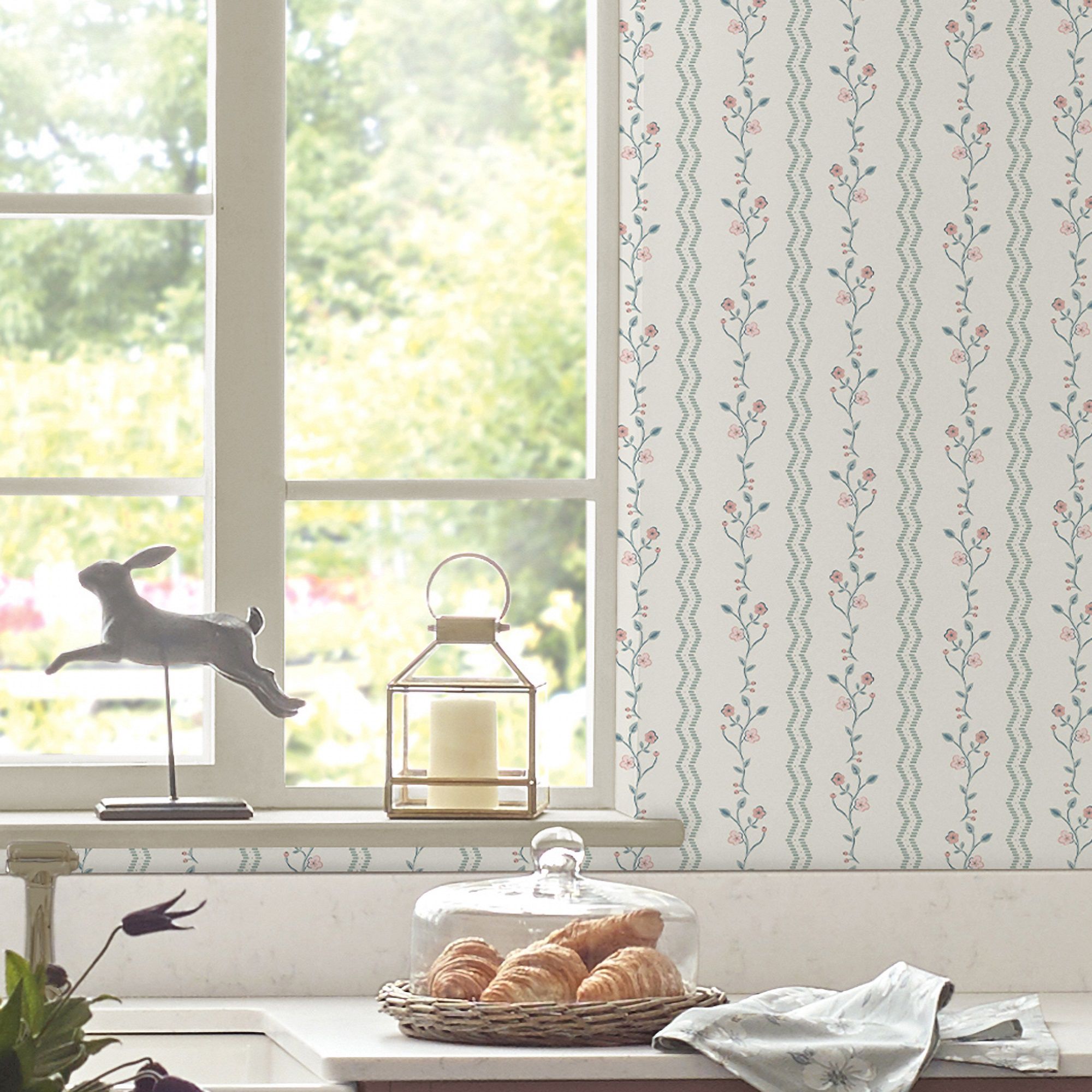 Laura Ashley White & Duck Egg Blencow Patterned Smooth Wallpaper