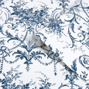 Laura Ashley White & Midnight Blue Tuileries Smooth Wallpaper