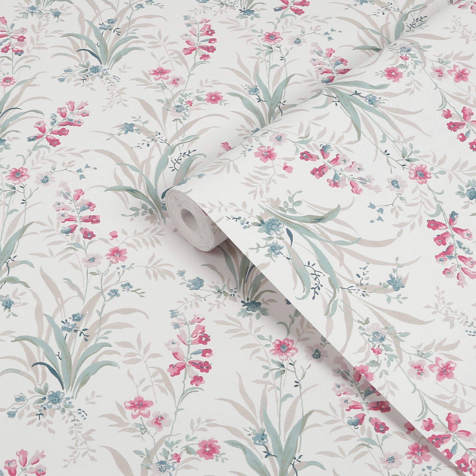 Laura Ashley White, Pink & Duck Egg Mosedale Posy Smooth Wallpaper 