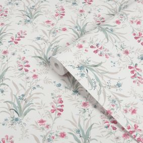 Laura Ashley White, Pink & Duck Egg Mosedale Posy Smooth Wallpaper